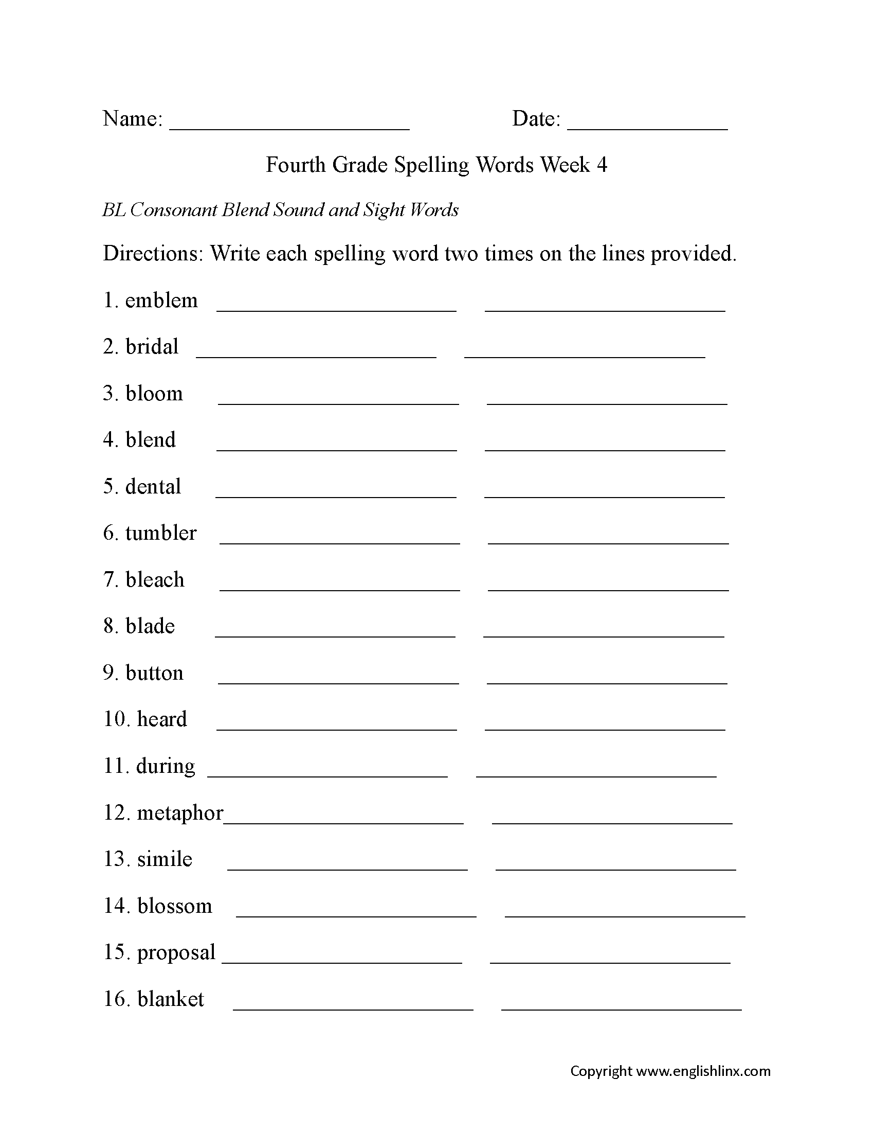 Week 4 BL Consonant Fourth Grade Spelling Worksheets