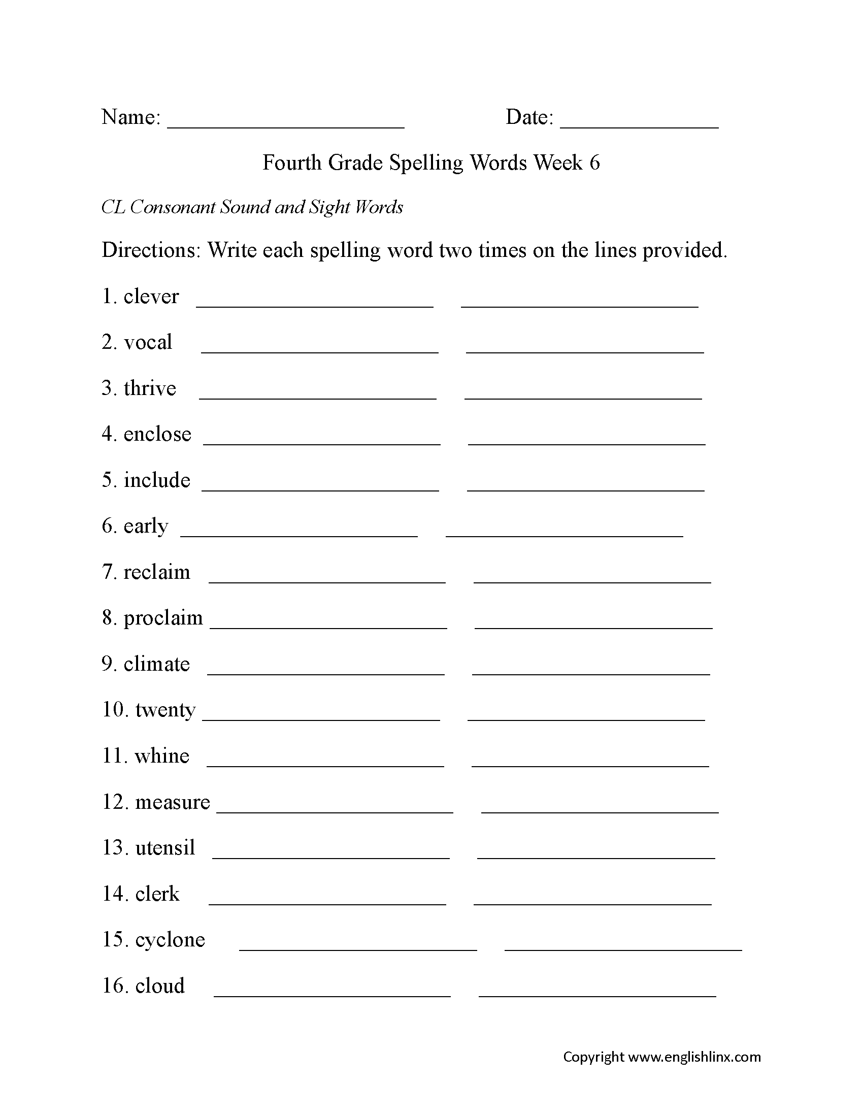 Week 6 CL Consonant Fourth Grade Spelling Worksheets