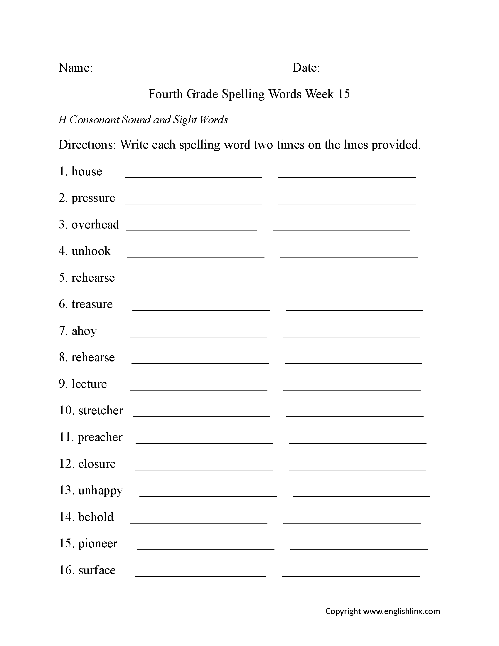 Week 15 H Consonant Fourth Grade Spelling Worksheets