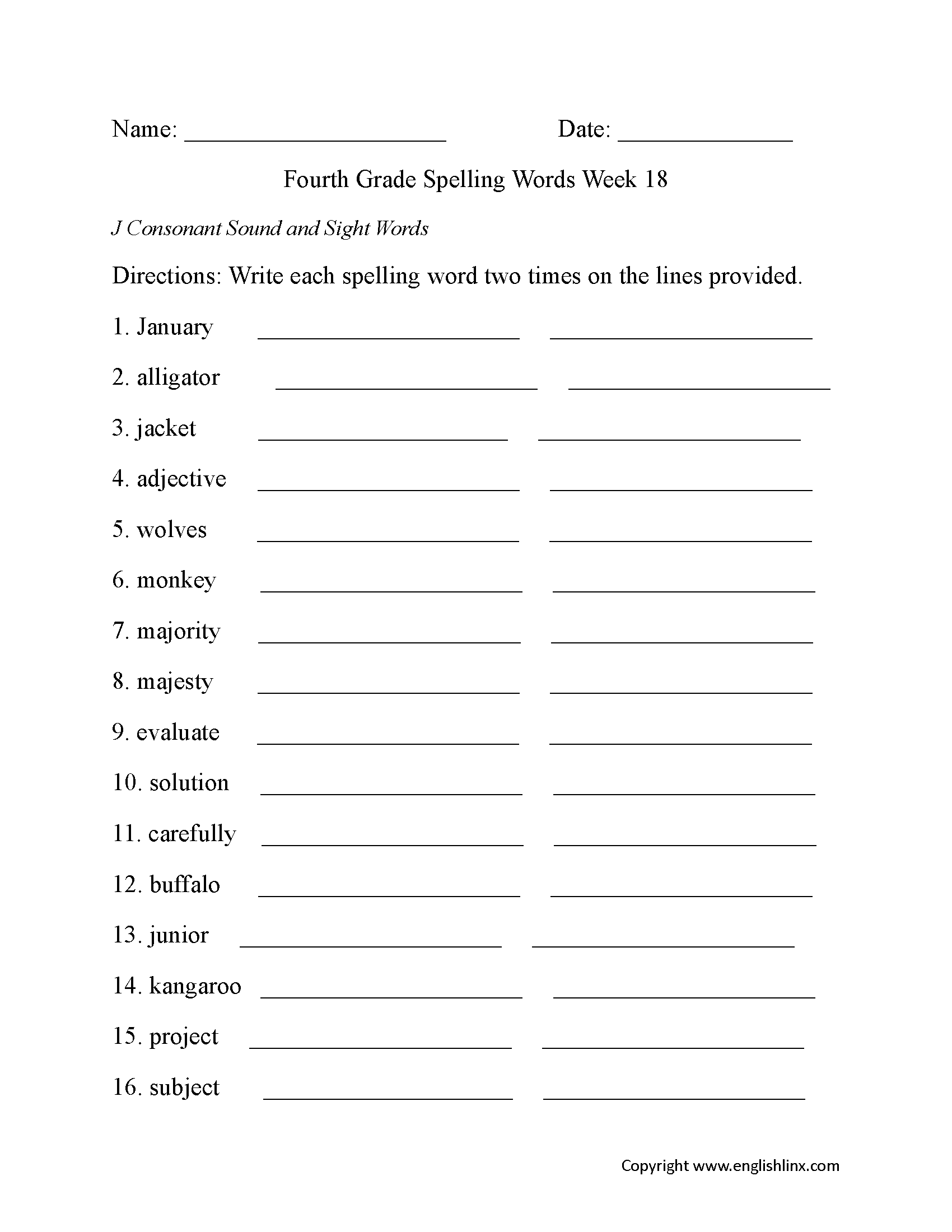 Week 18 J Consonant Fourth Grade Spelling Worksheets