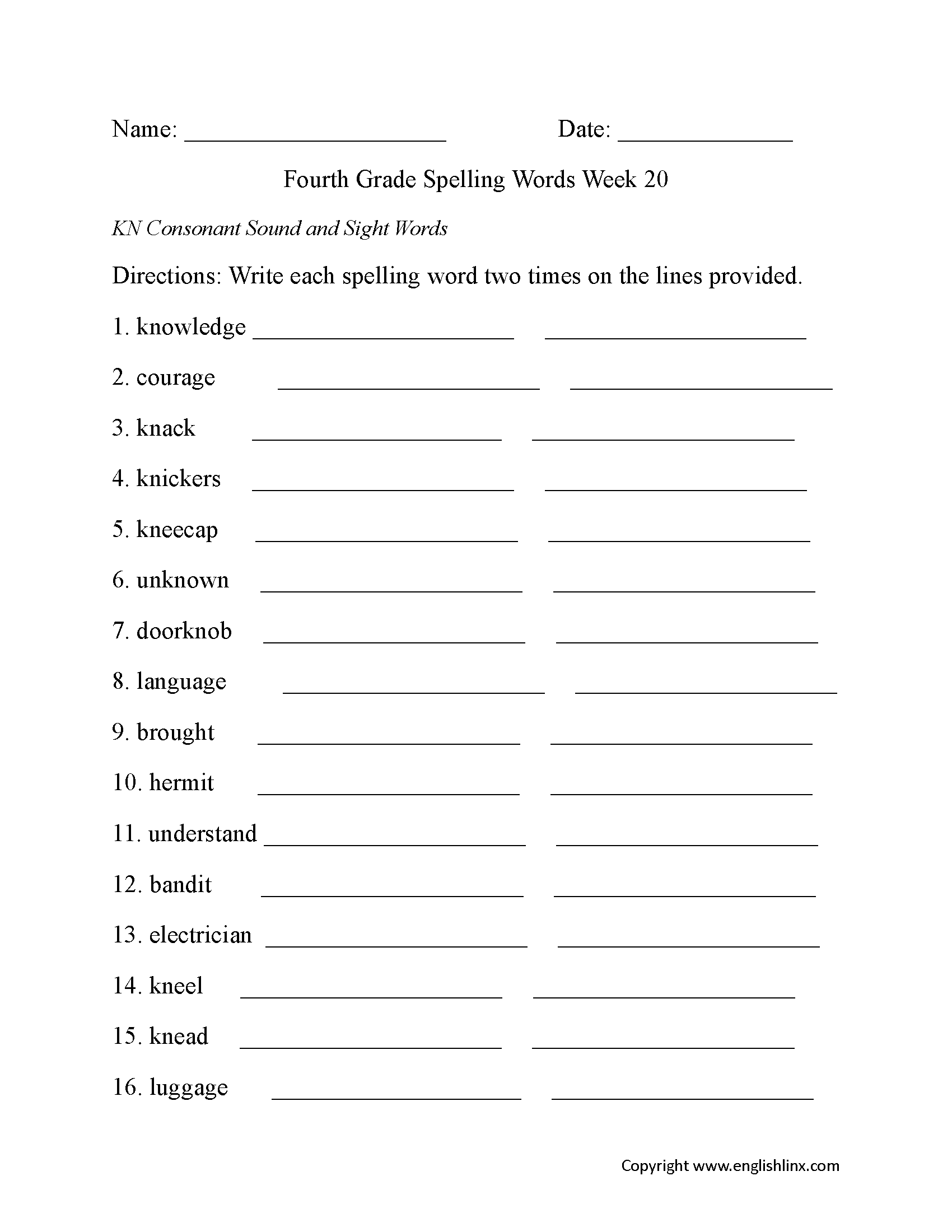 Week 20 KN Consonant Fourth Grade Spelling Worksheets