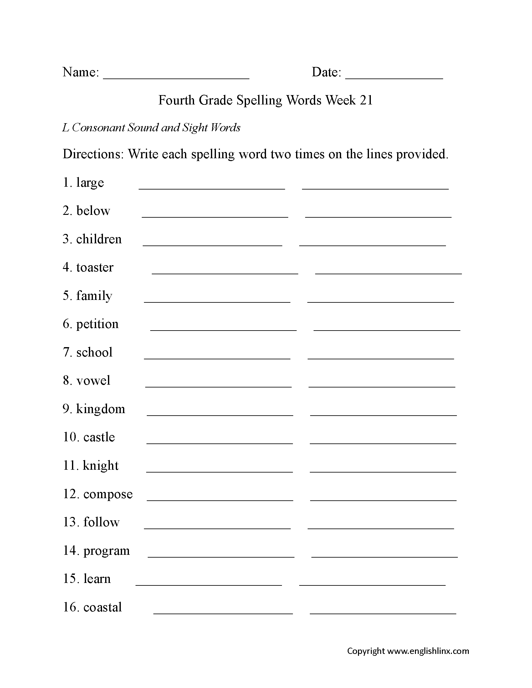 Week 21 L Consonant Fourth Grade Spelling Worksheets