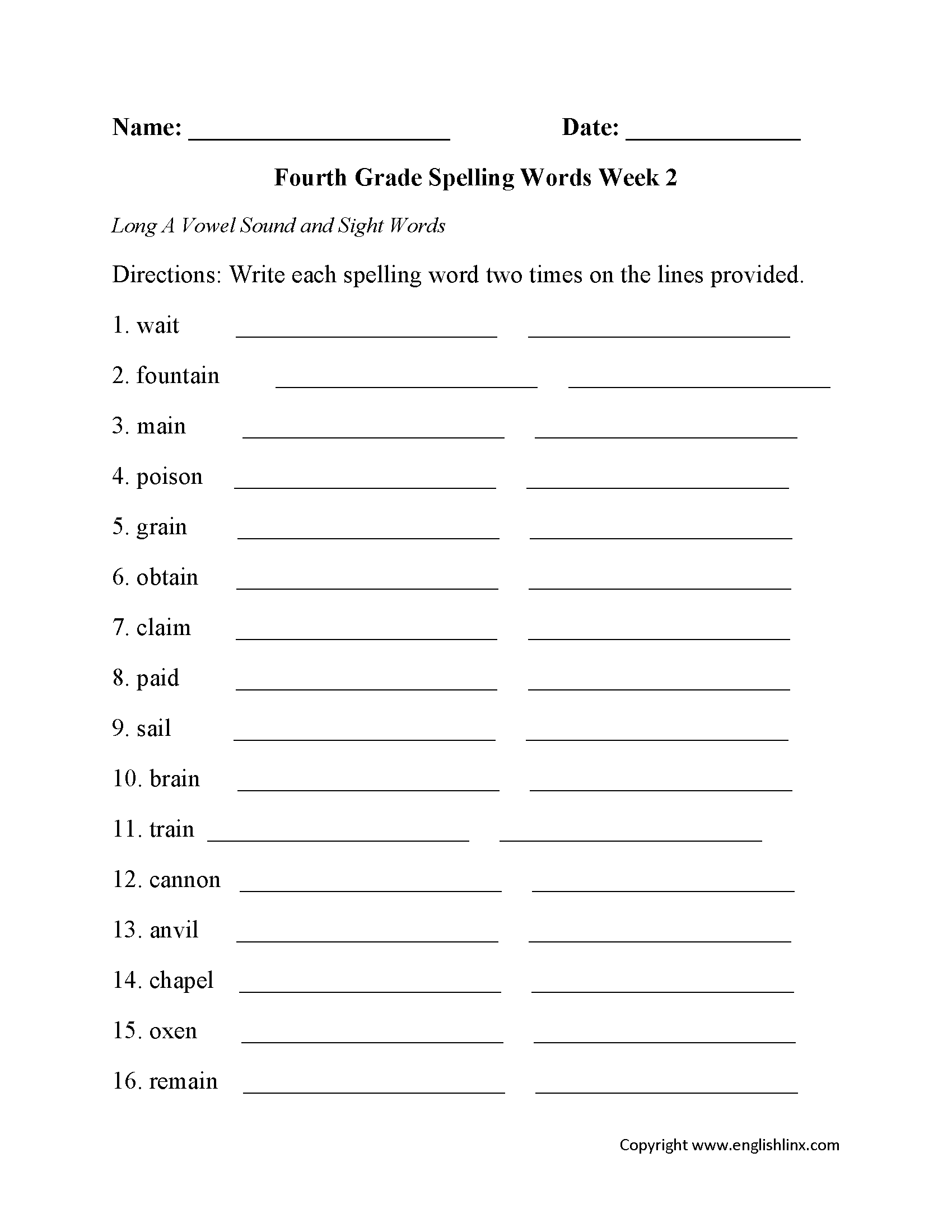 Week 2 Long A Vowel Fourth Grade Spelling Worksheets