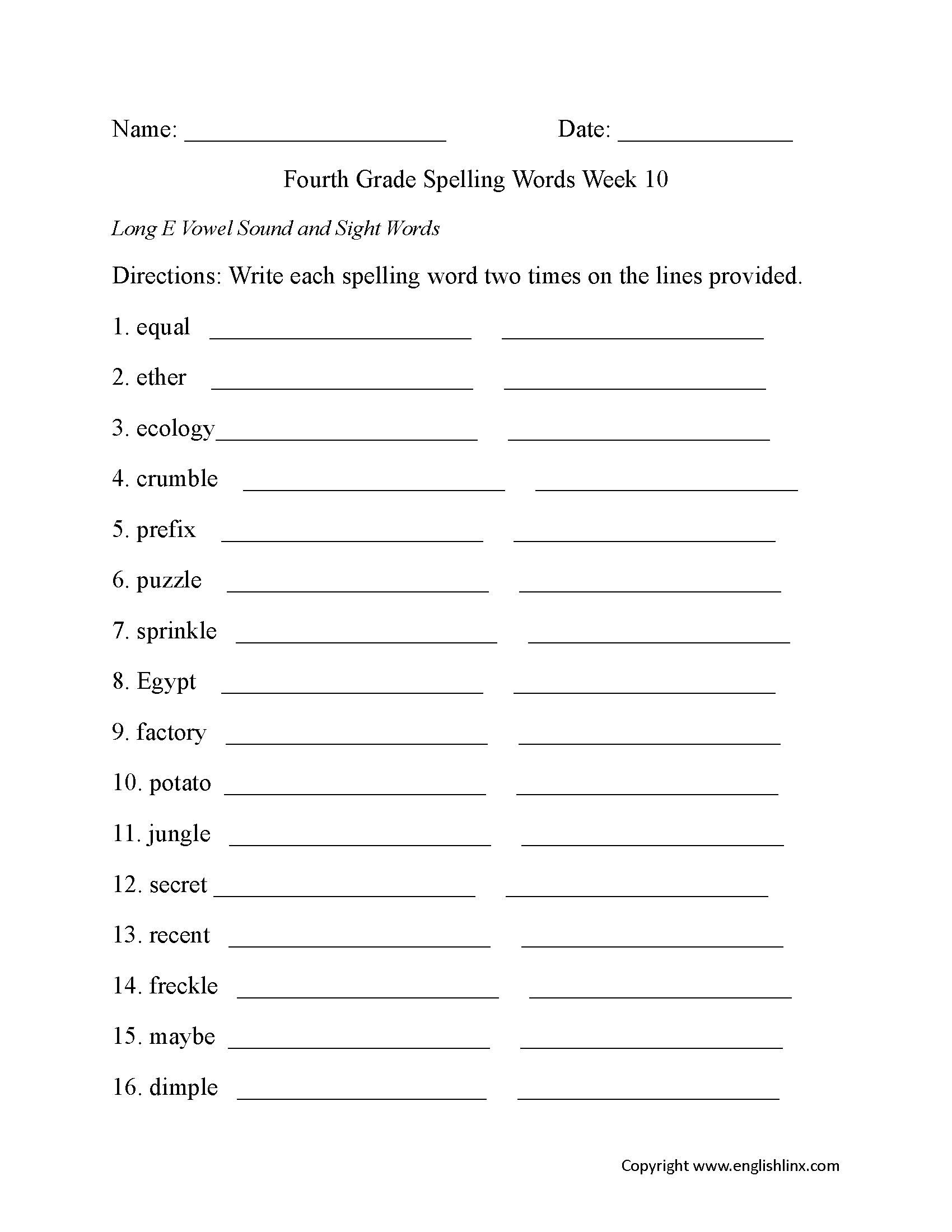 Week 10 Long E Vowel Fourth Grade Spelling Worksheets