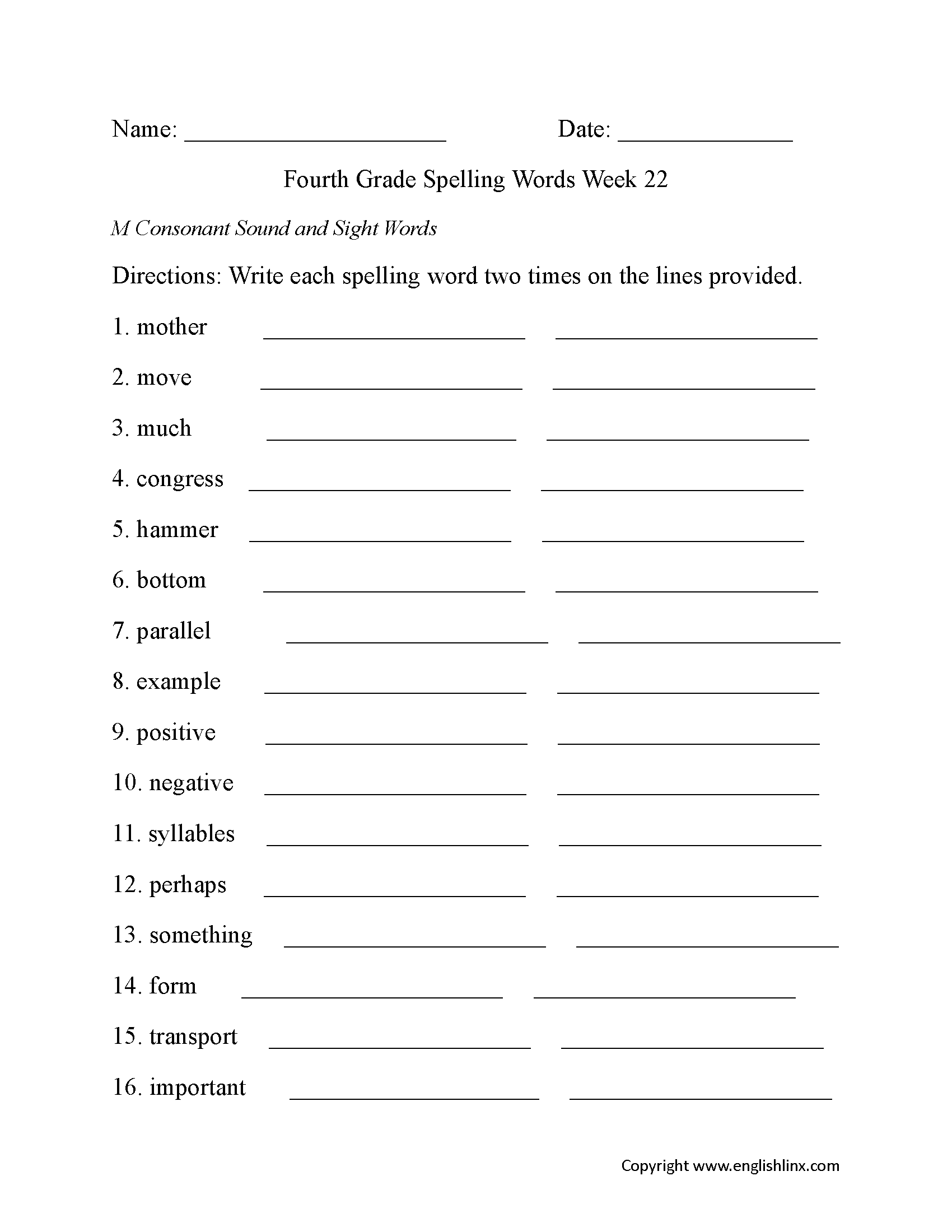 Week 22 M Consonant Fourth Grade Spelling Worksheets