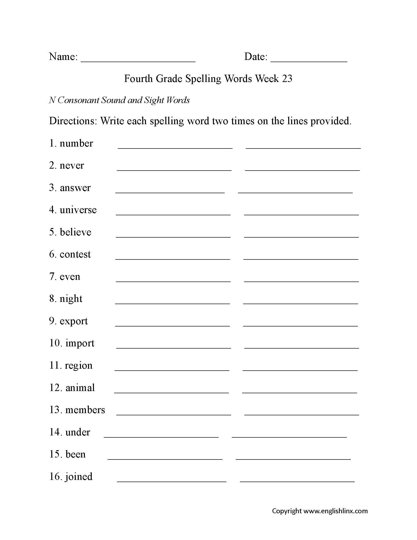 Week 23 N Consonant Fourth Grade Spelling Worksheets