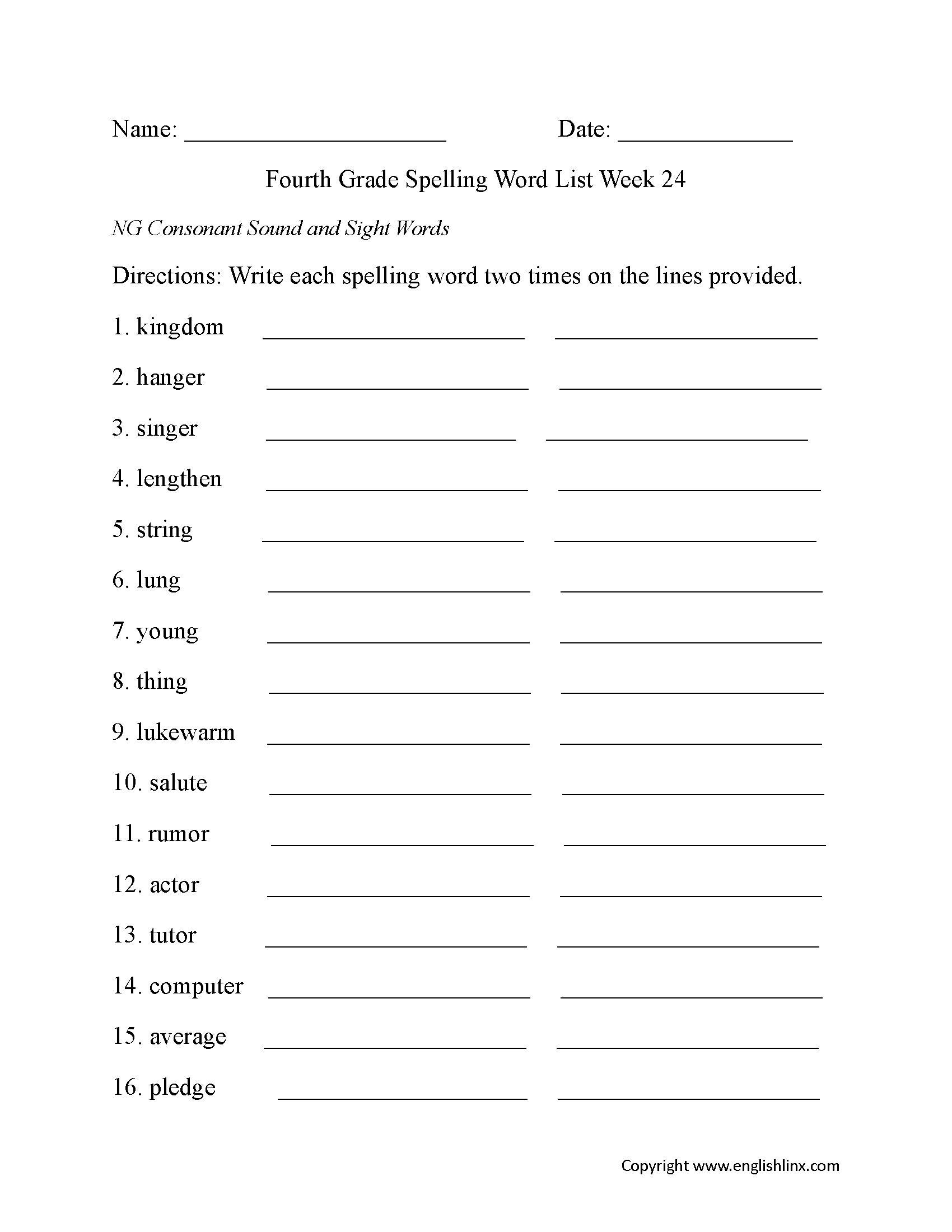 Week 24 NG Consonant Fourth Grade Spelling Worksheets