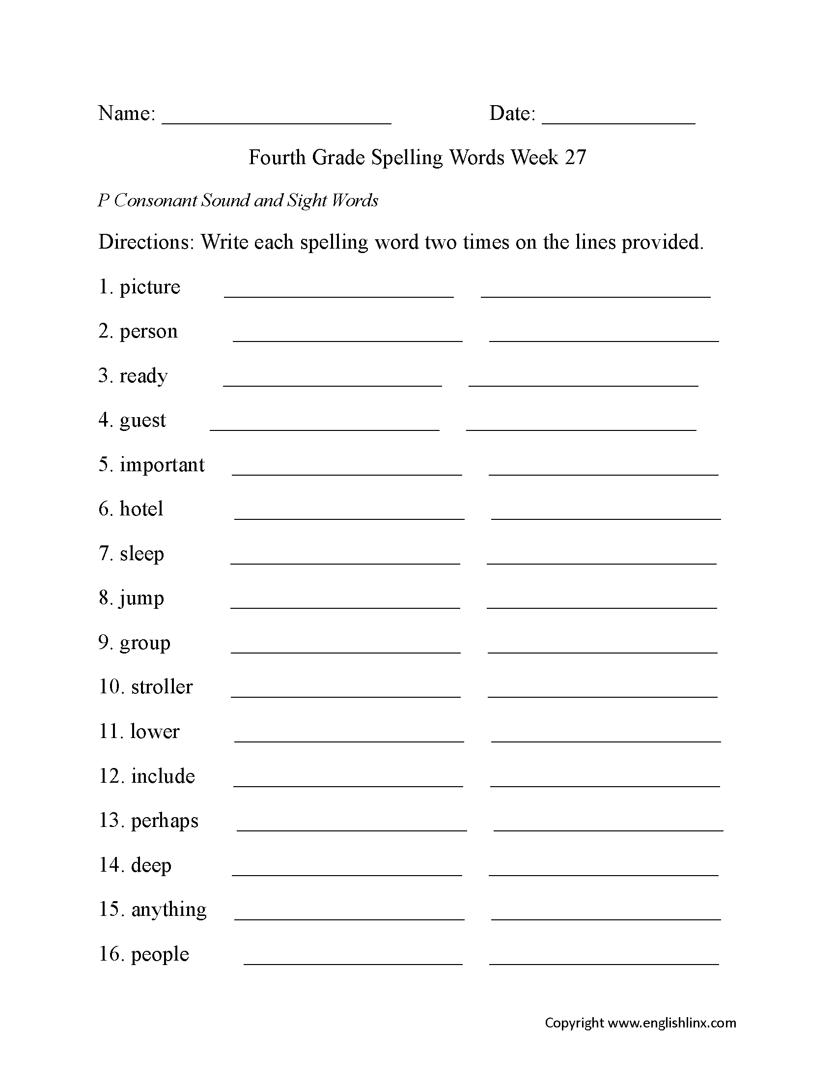 Week 27 P Consonant Fourth Grade Spelling Worksheets