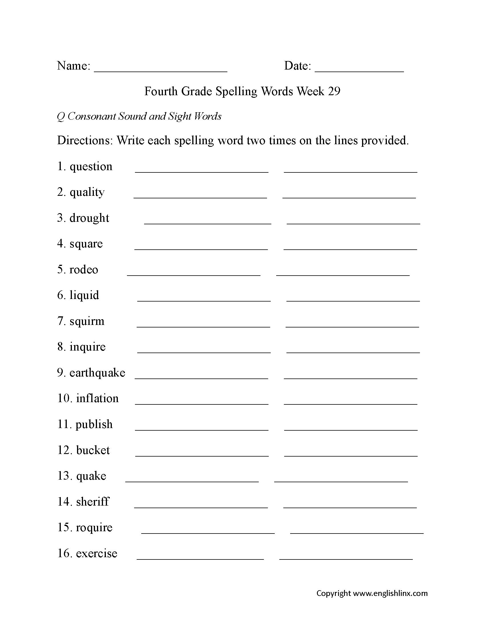 Week 29 Q Consonant Fourth Grade Spelling Worksheets