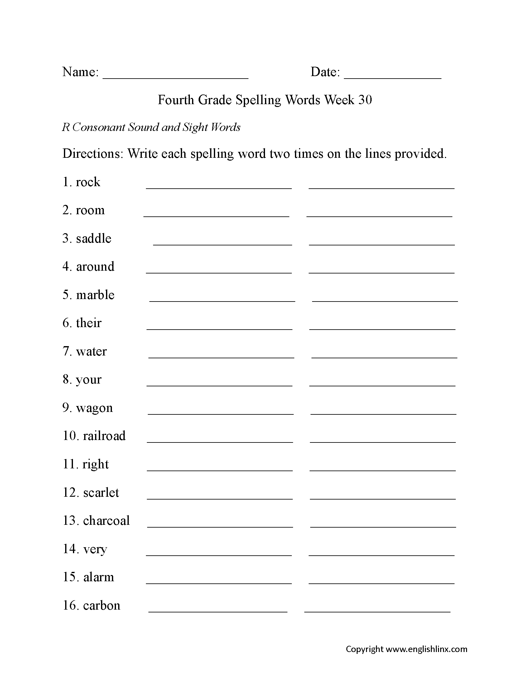 Week 30 R Consonant Fourth Grade Spelling Worksheets