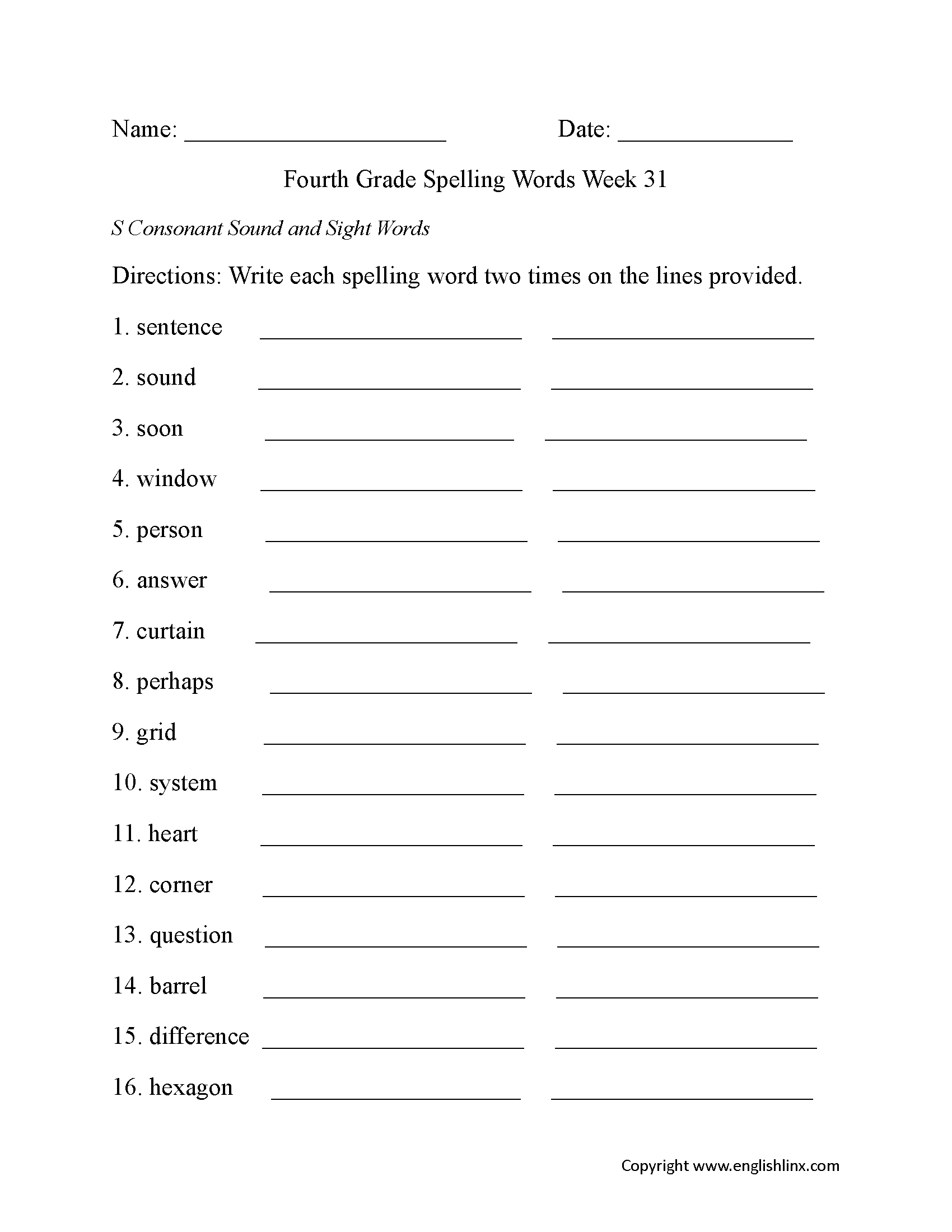 Week 31 S Consonant Fourth Grade Spelling Worksheets