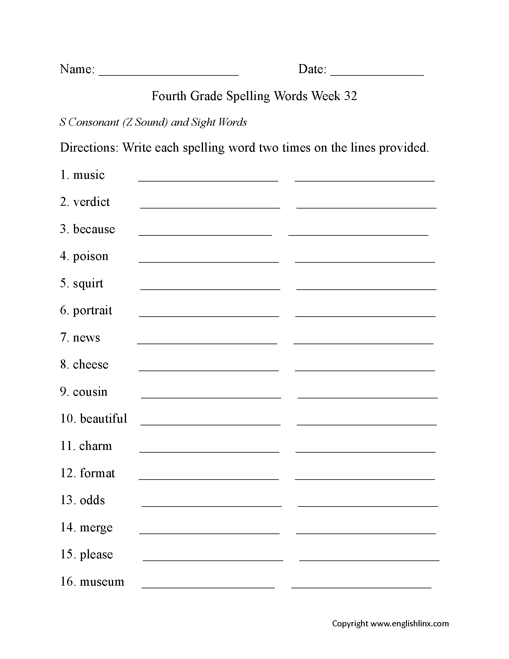 Week 32 S Consonant Z Sound Fourth Grade Spelling Worksheets