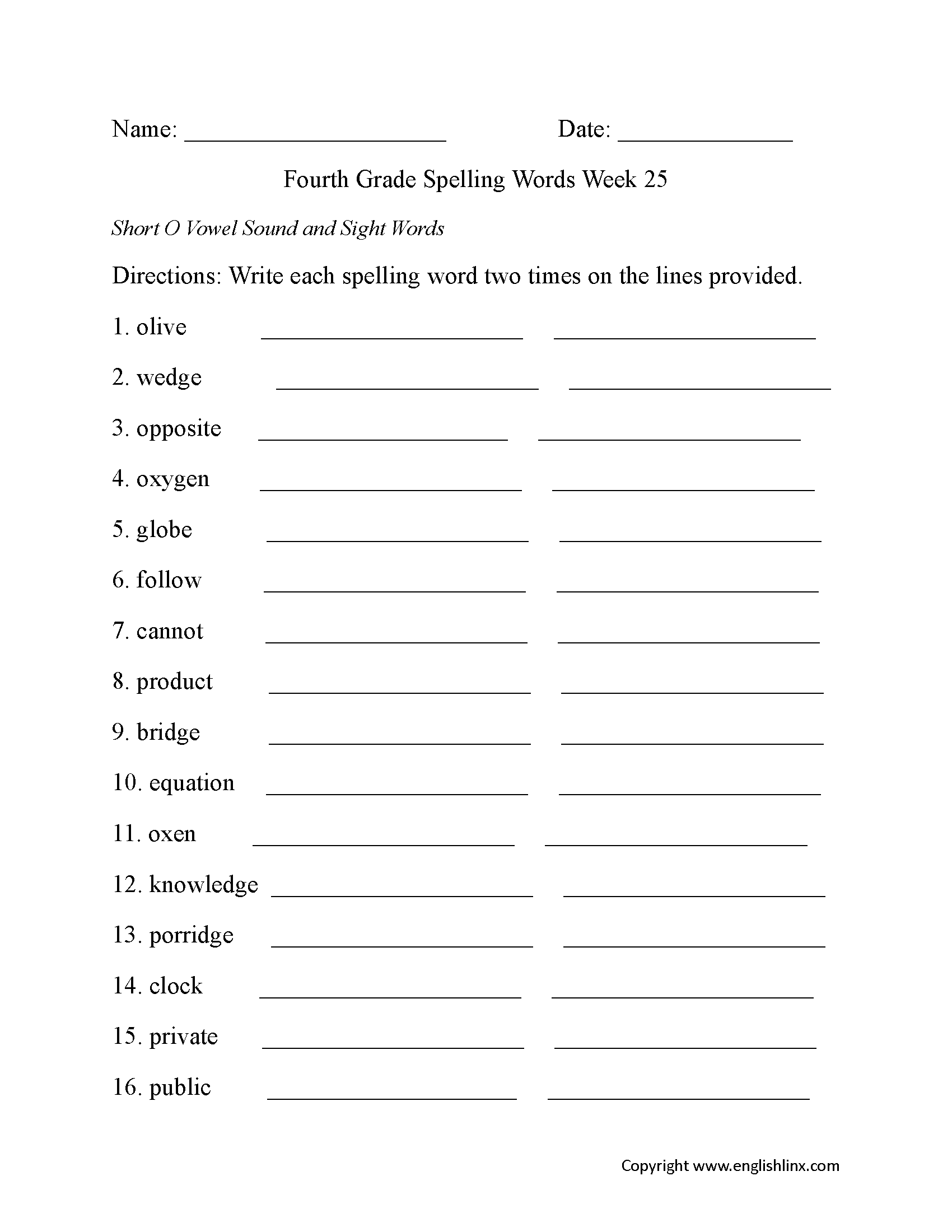 Week 25 Short O Vowel Fourth Grade Spelling Worksheets