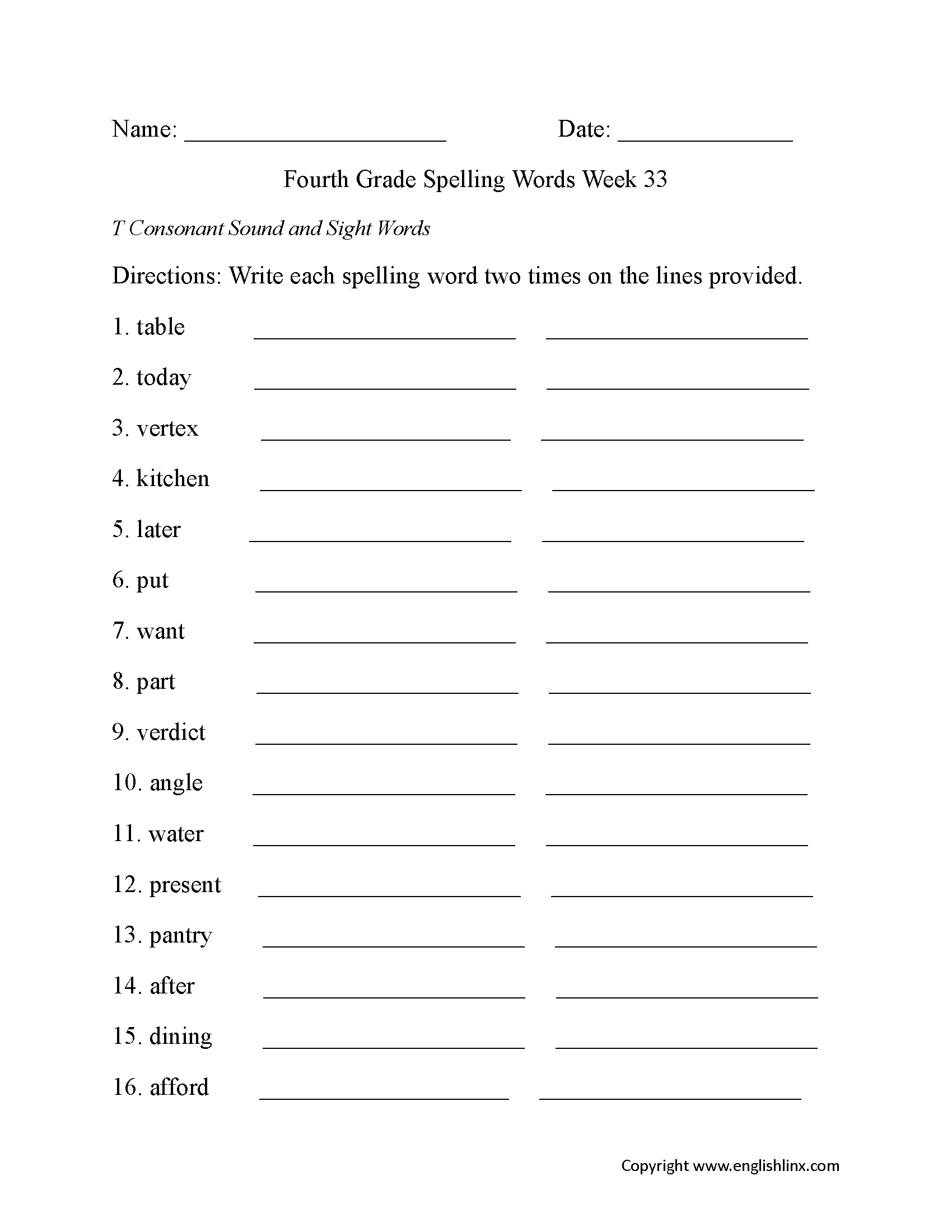 Week 33 T Consonant Fourth Grade Spelling Worksheets