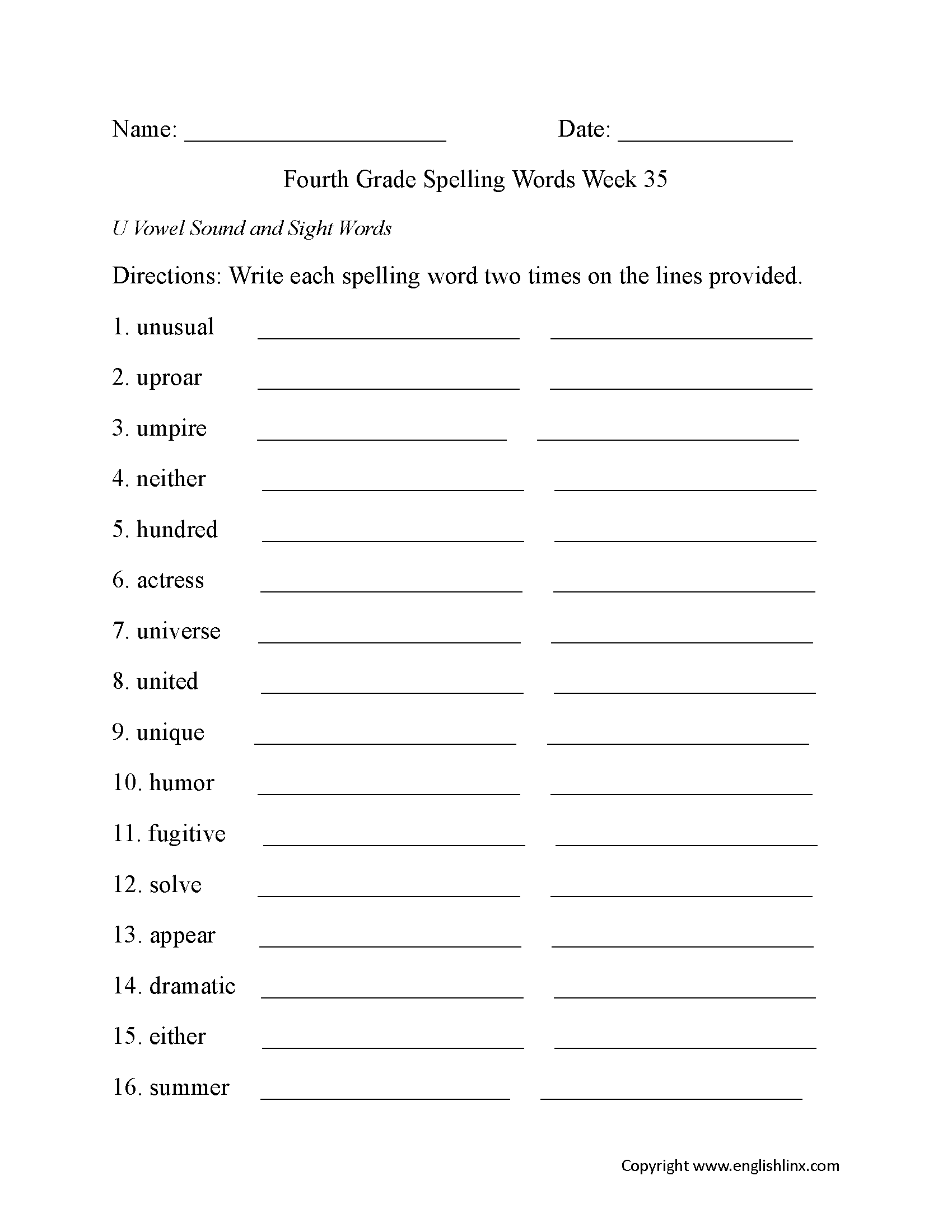 Week 35 U Vowel Fourth Grade Spelling Worksheets