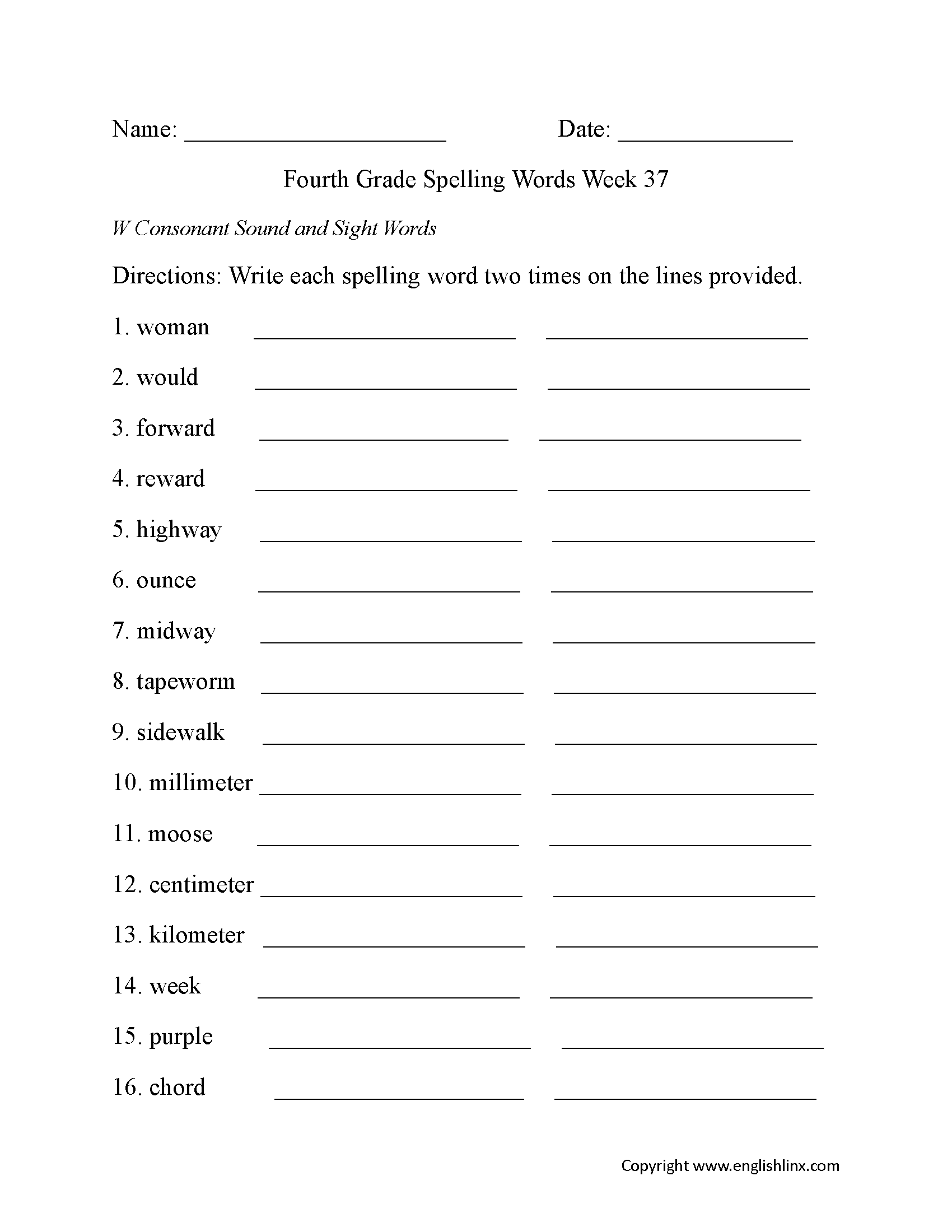Week 37 TH Consonant Fourth Grade Spelling Worksheets