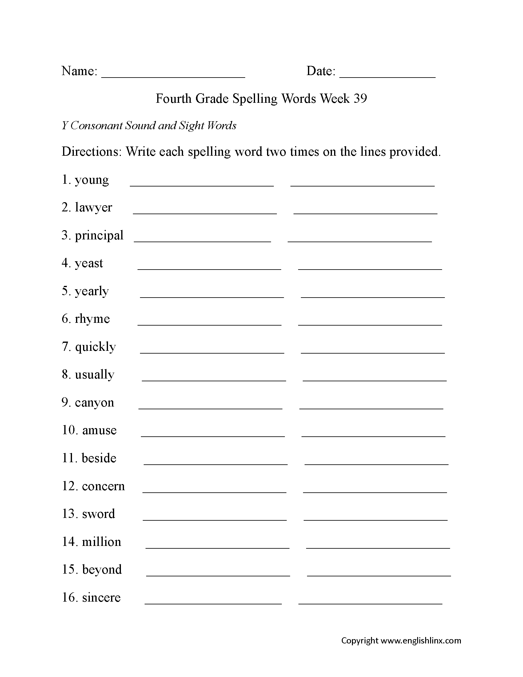 Week 39 V Consonant Fourth Grade Spelling Worksheets
