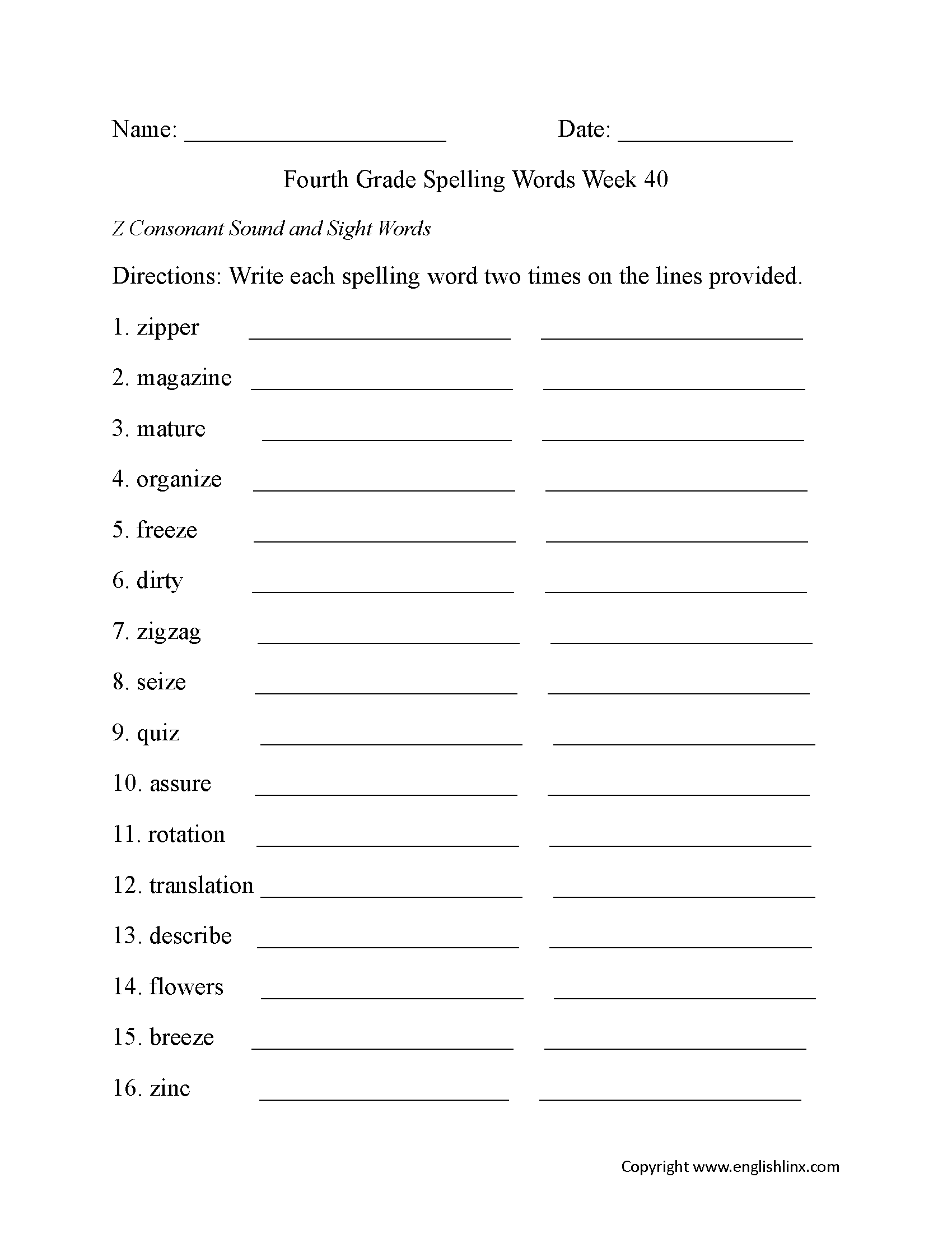Week 40 Z Consonant Fourth Grade Spelling Worksheets