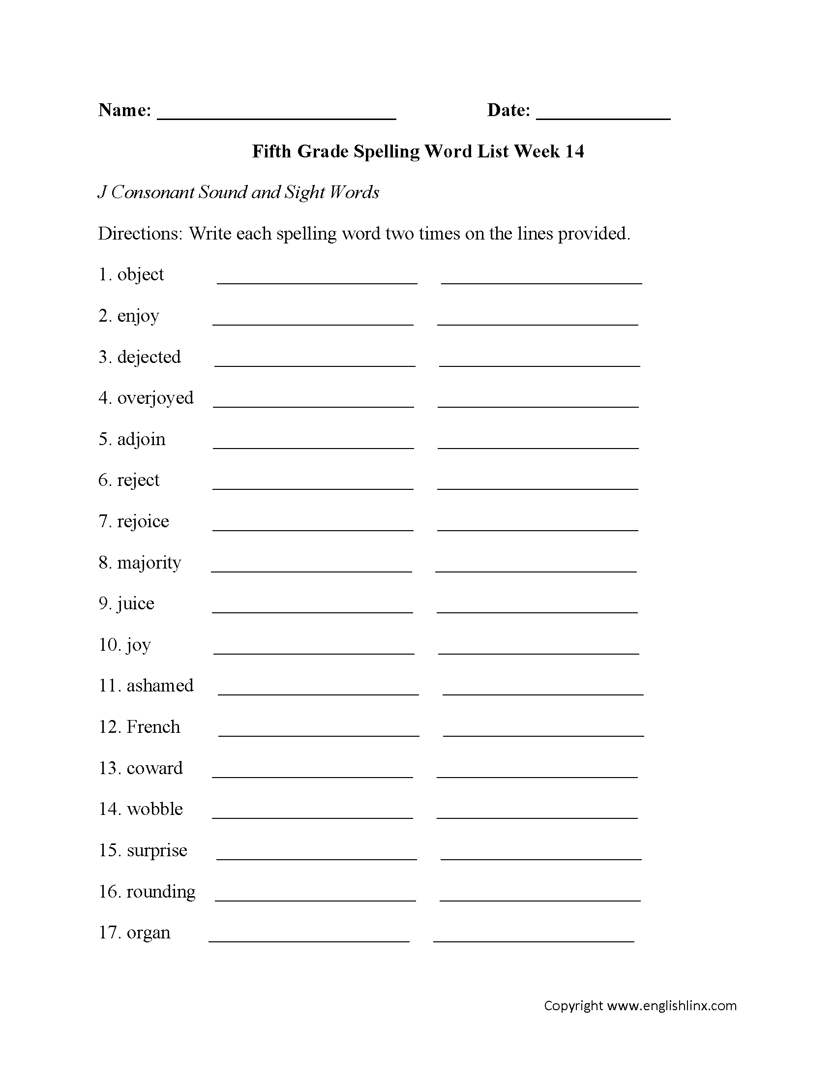 Week 14 J Consonant and Sight Words Fifth Grade Spelling Words Worksheets