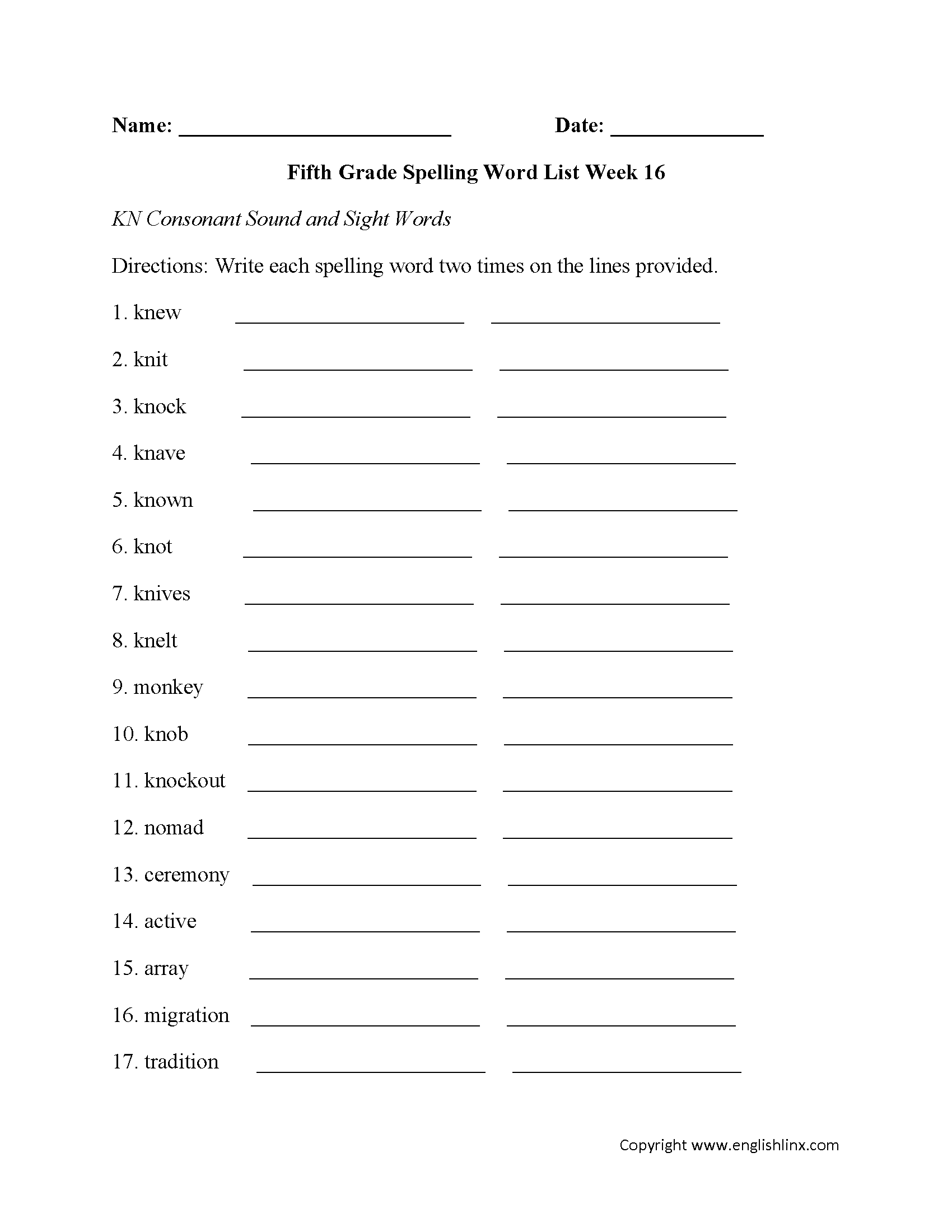 Week 16 Long KN Consonant and Sight Words Fifth Grade Spelling Words Worksheets