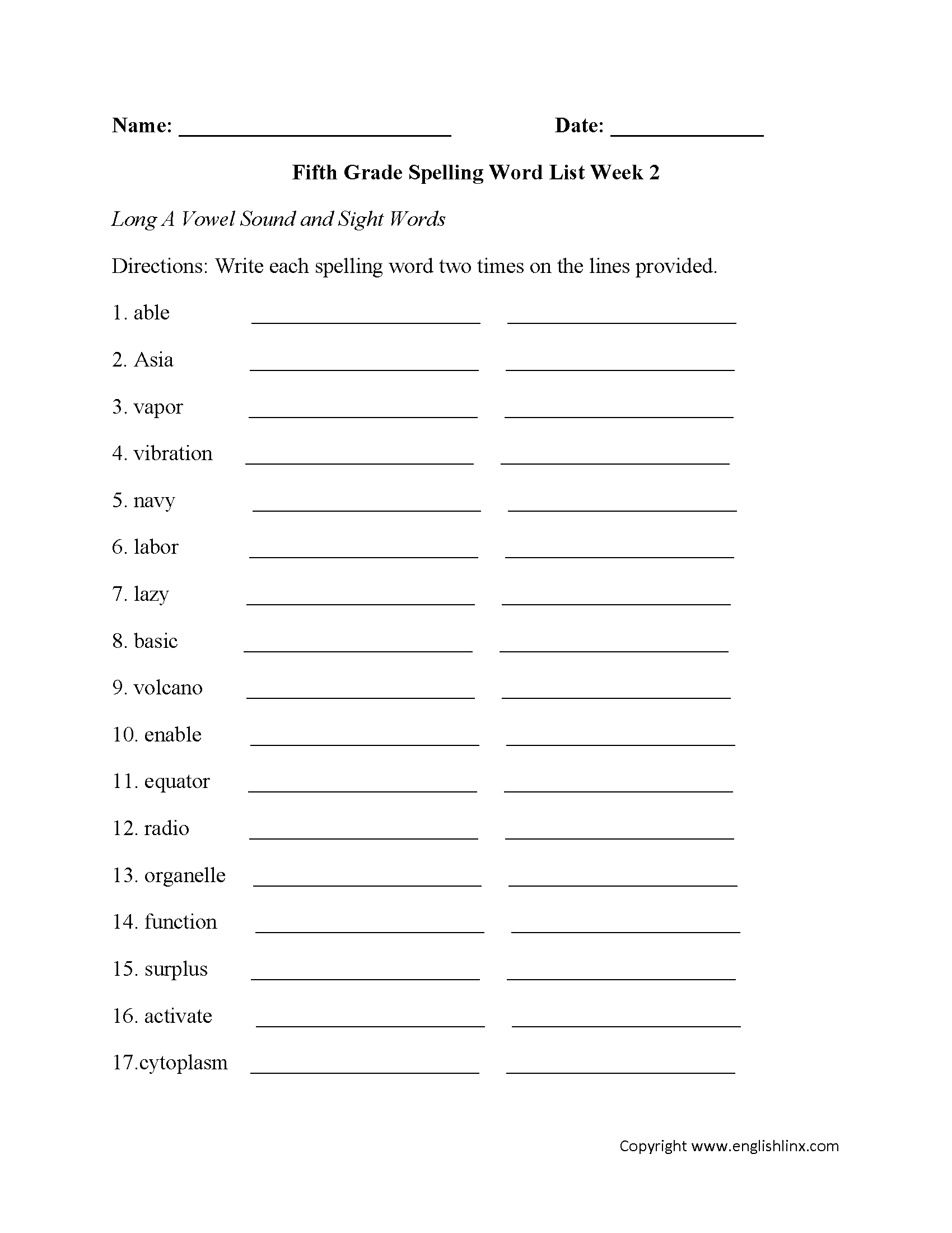 Week 2 Long A Vowel and Sight Words Fifth Grade Spelling Words Worksheets