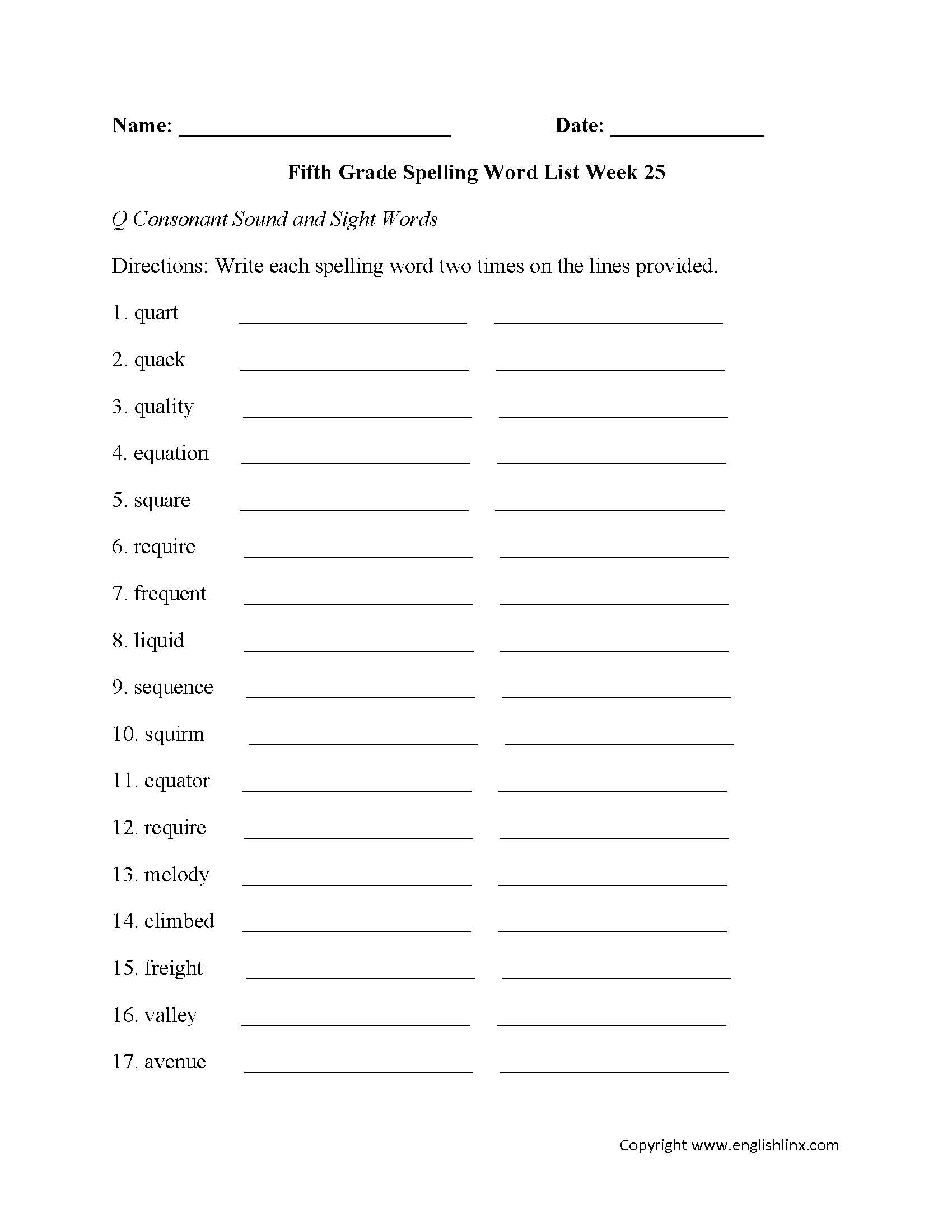 Week 25 Q Consonant and Sight Words Fifth Grade Spelling Words Worksheets