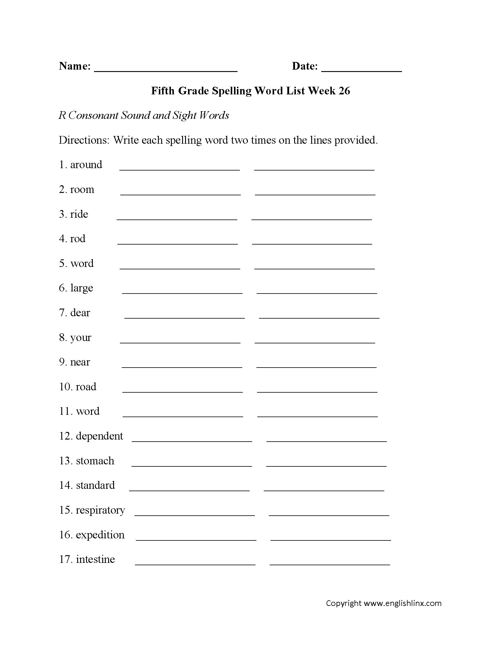Week 26 R Consonant and Sight Words Fifth Grade Spelling Words Worksheets