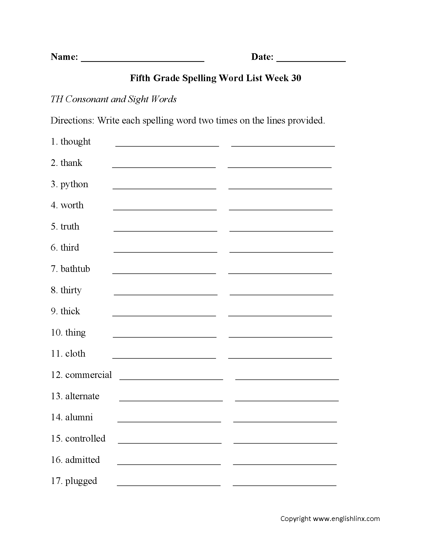 Week 30 TH Consonant and Sight Words Fifth Grade Spelling Words Worksheets