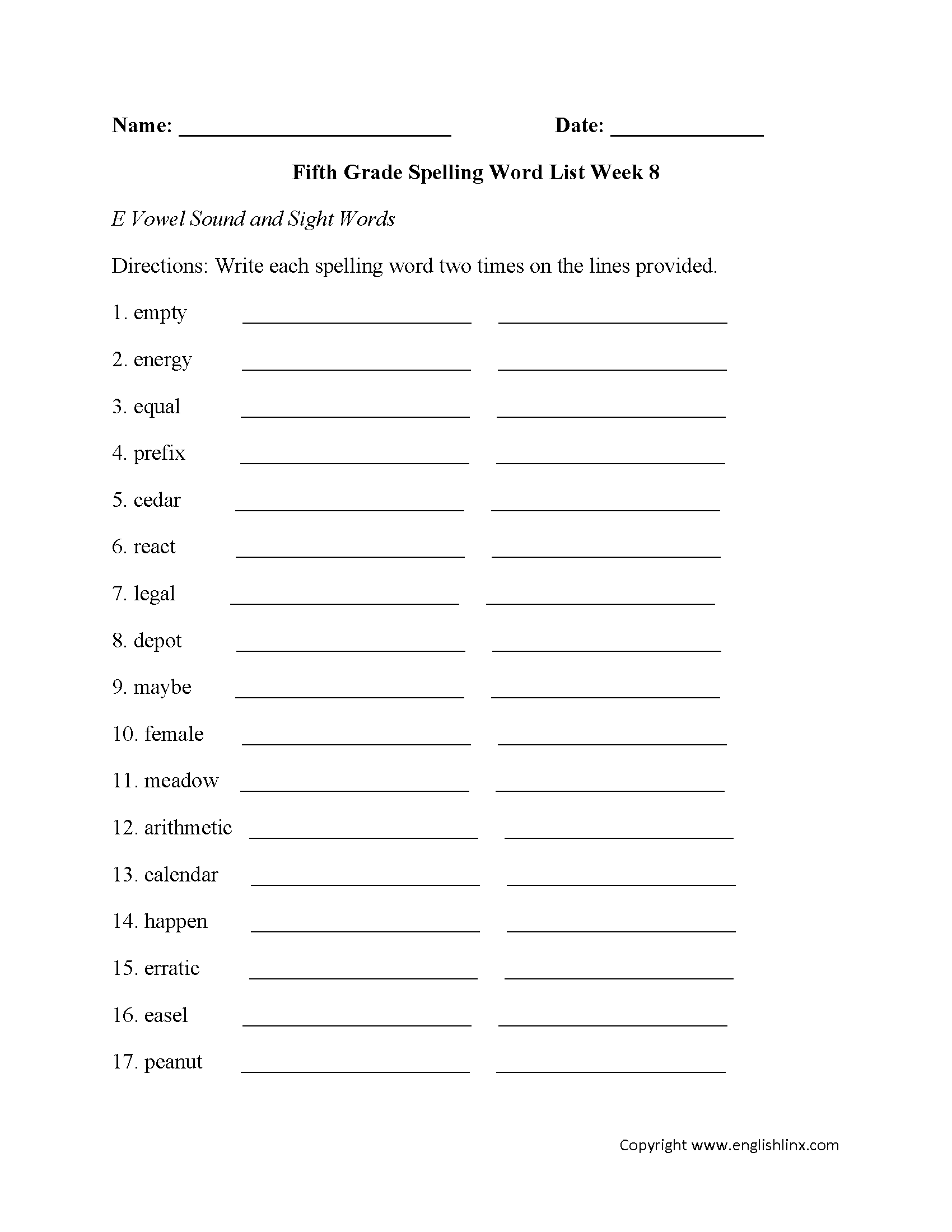 Week 8 E Vowel and Sight Words Fifth Grade Spelling Words Worksheets