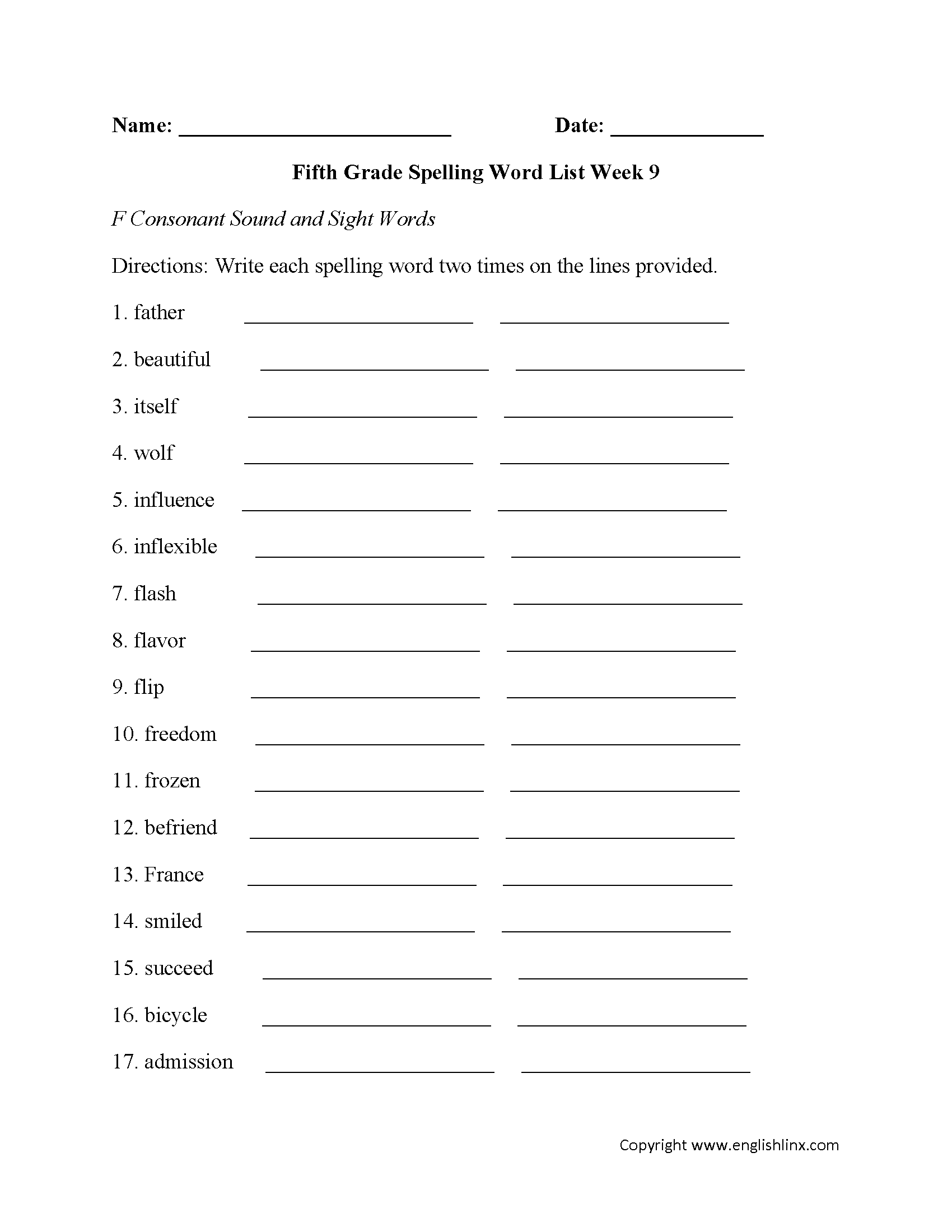Week 9 F Consonant and Sight Words Fifth Grade Spelling Words Worksheets