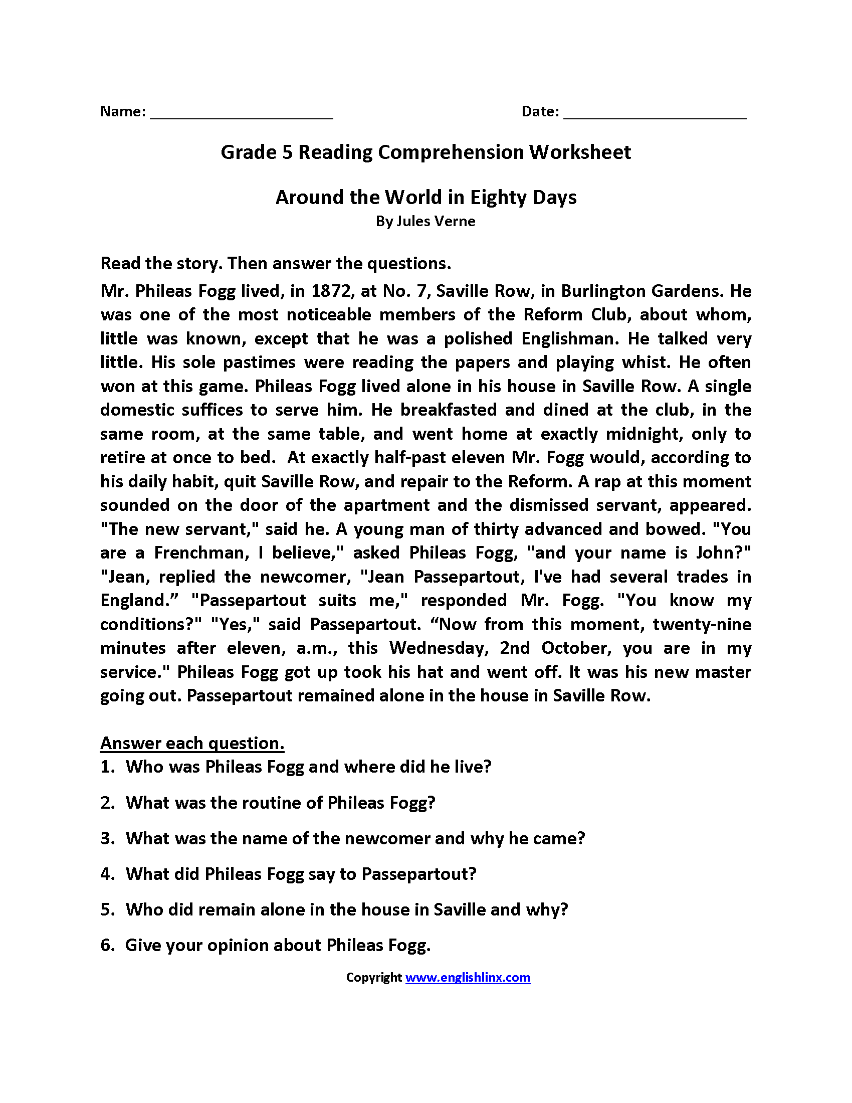 Comprehension Passages For Grade 5 Printable Worksheet