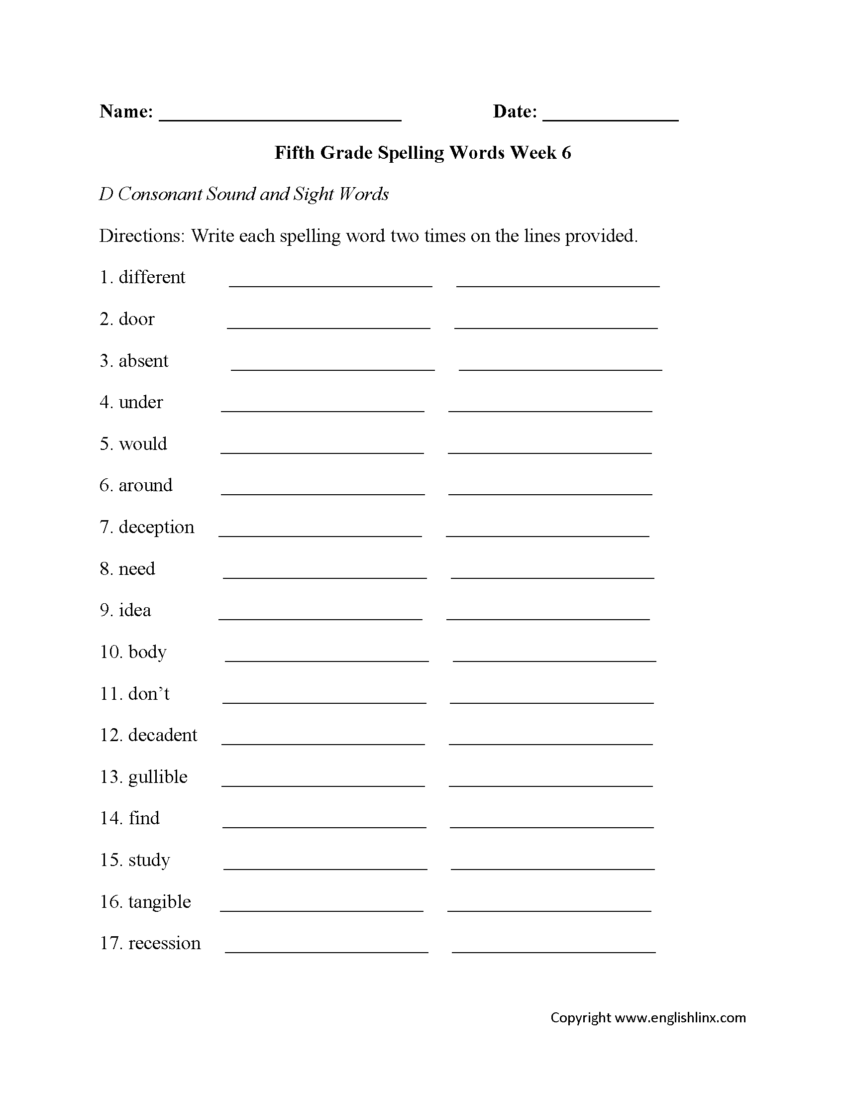 Week 6 D Consonant Fifth Grade Spelling Worksheets