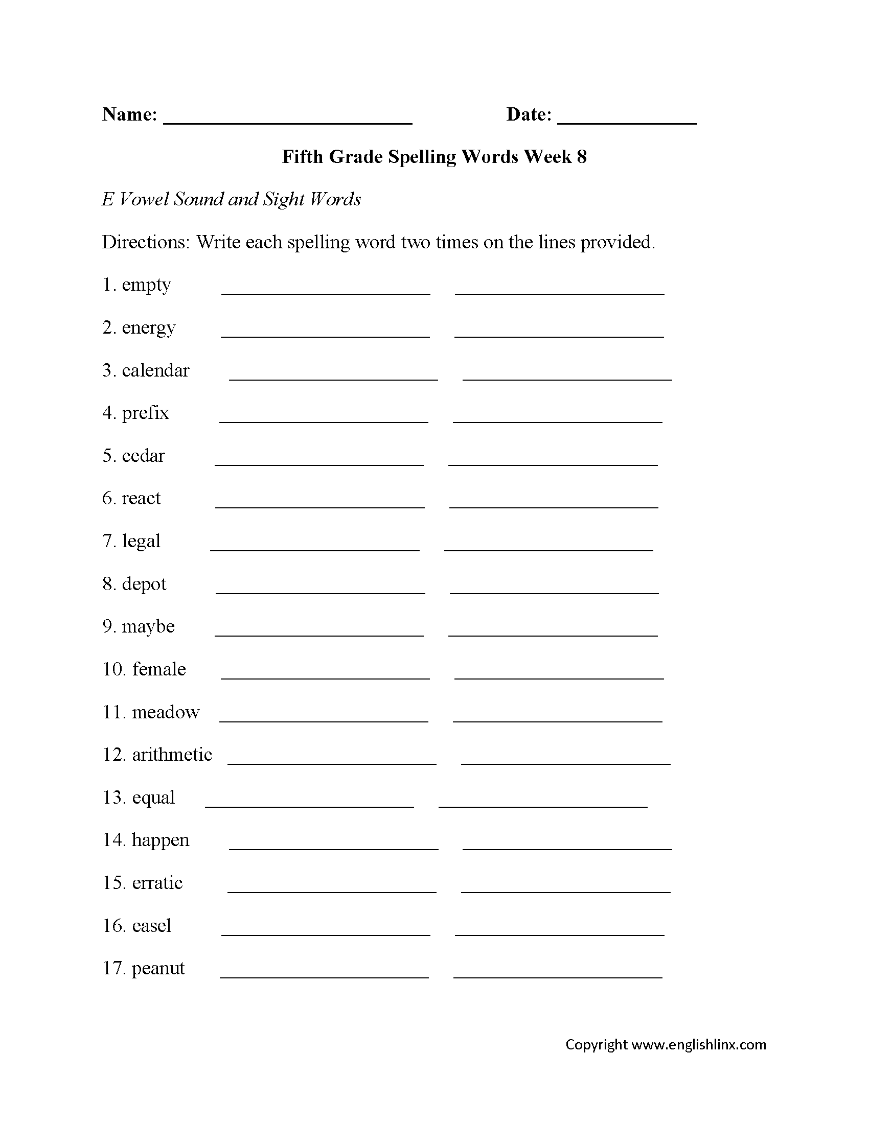 Week 8 E Vowel Fifth Grade Spelling Worksheets