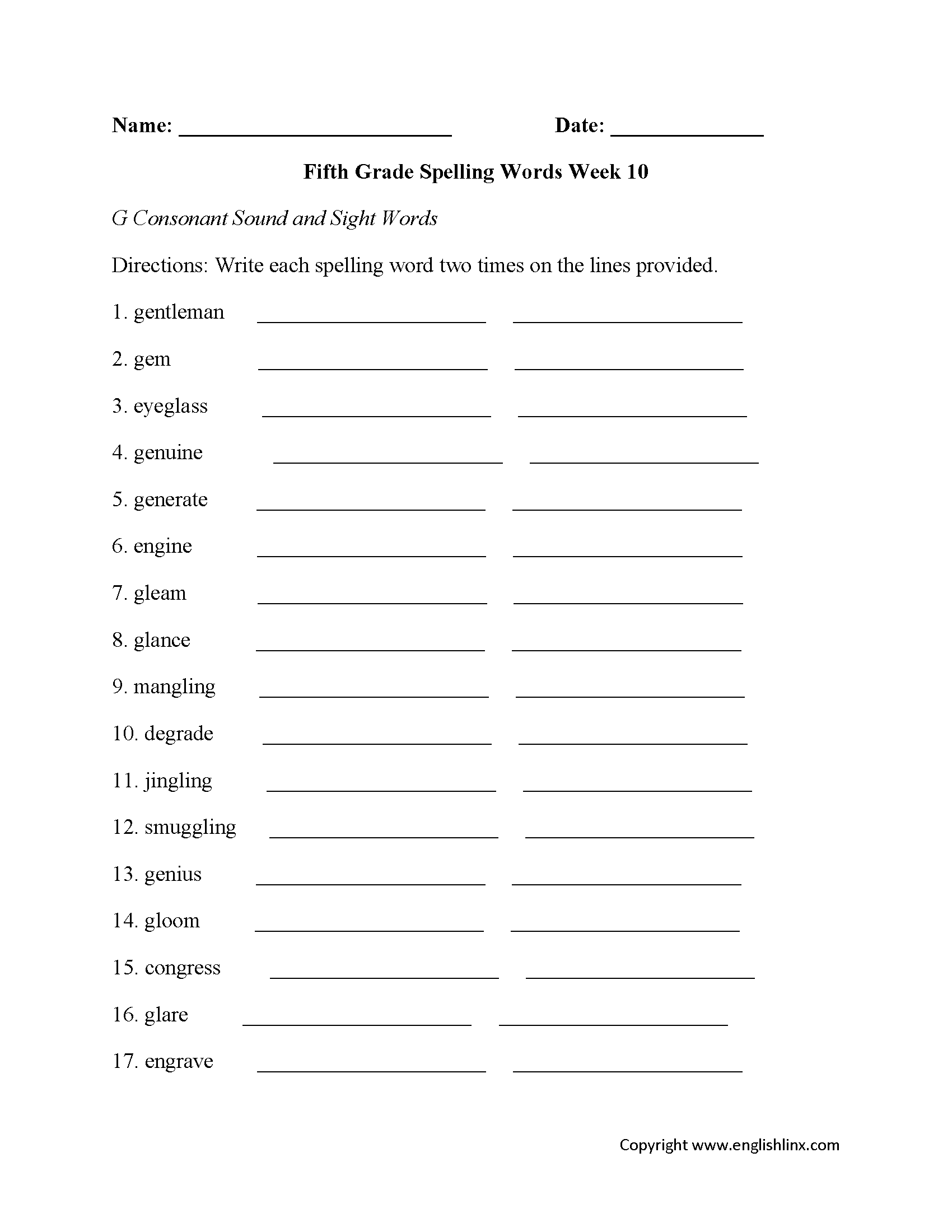 Week 10 G Consonant Fifth Grade Spelling Worksheets