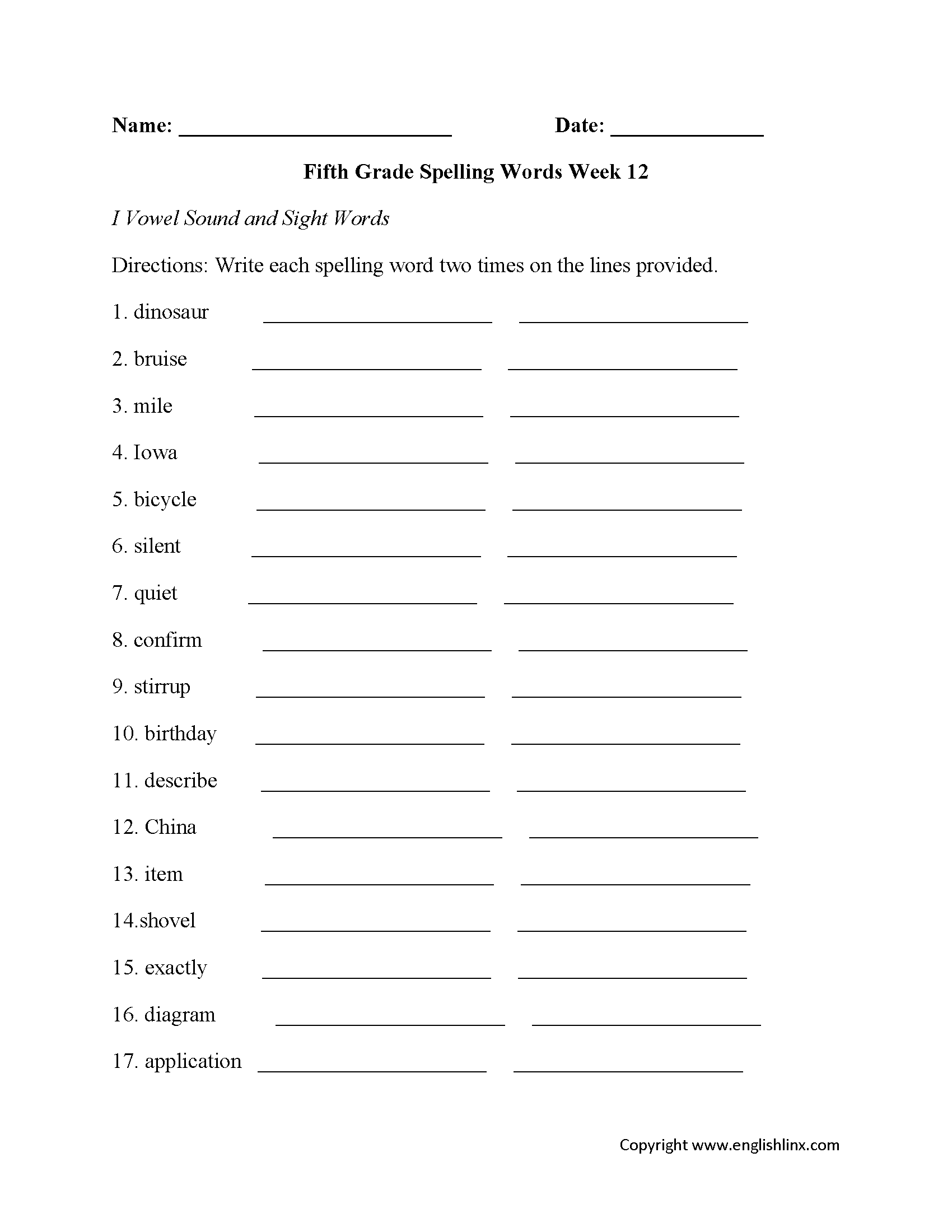Week 12 Short I Vowel Fifth Grade Spelling Worksheets