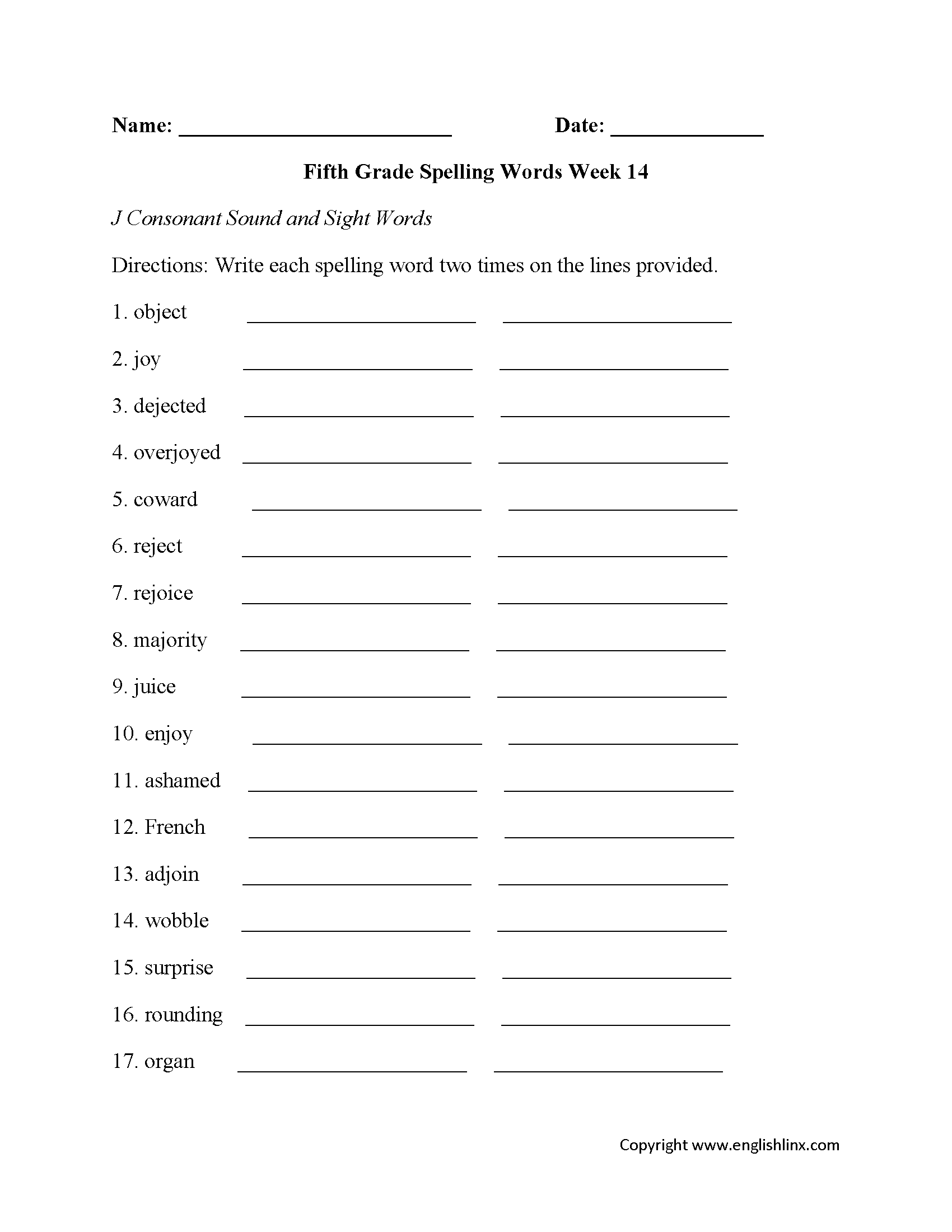 Week 14 J Consonant Fifth Grade Spelling Worksheets