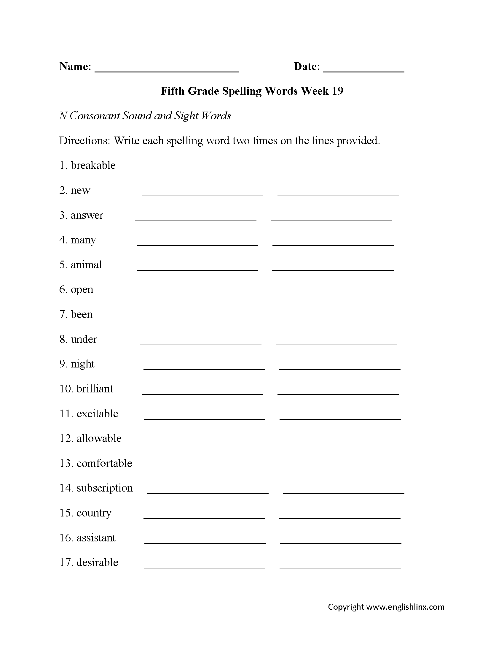 Week 19 N Consonant Fifth Grade Spelling Worksheets