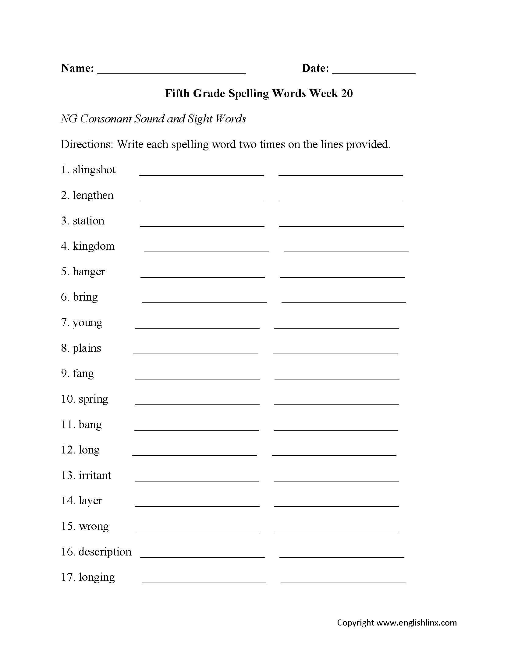 Week 20 NG Consonant Fifth Grade Spelling Worksheets
