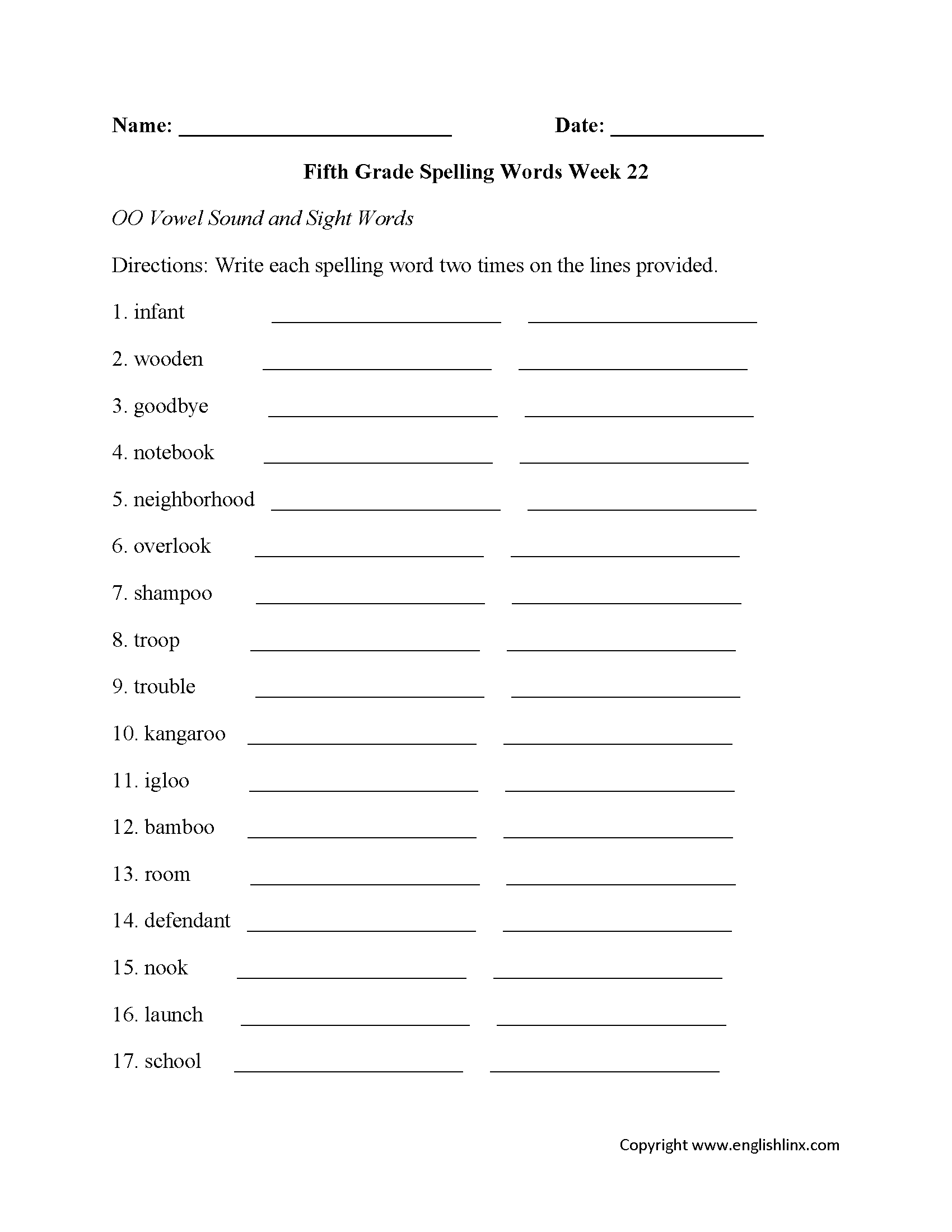 Week 22 OO Vowel Fifth Grade Spelling Worksheets