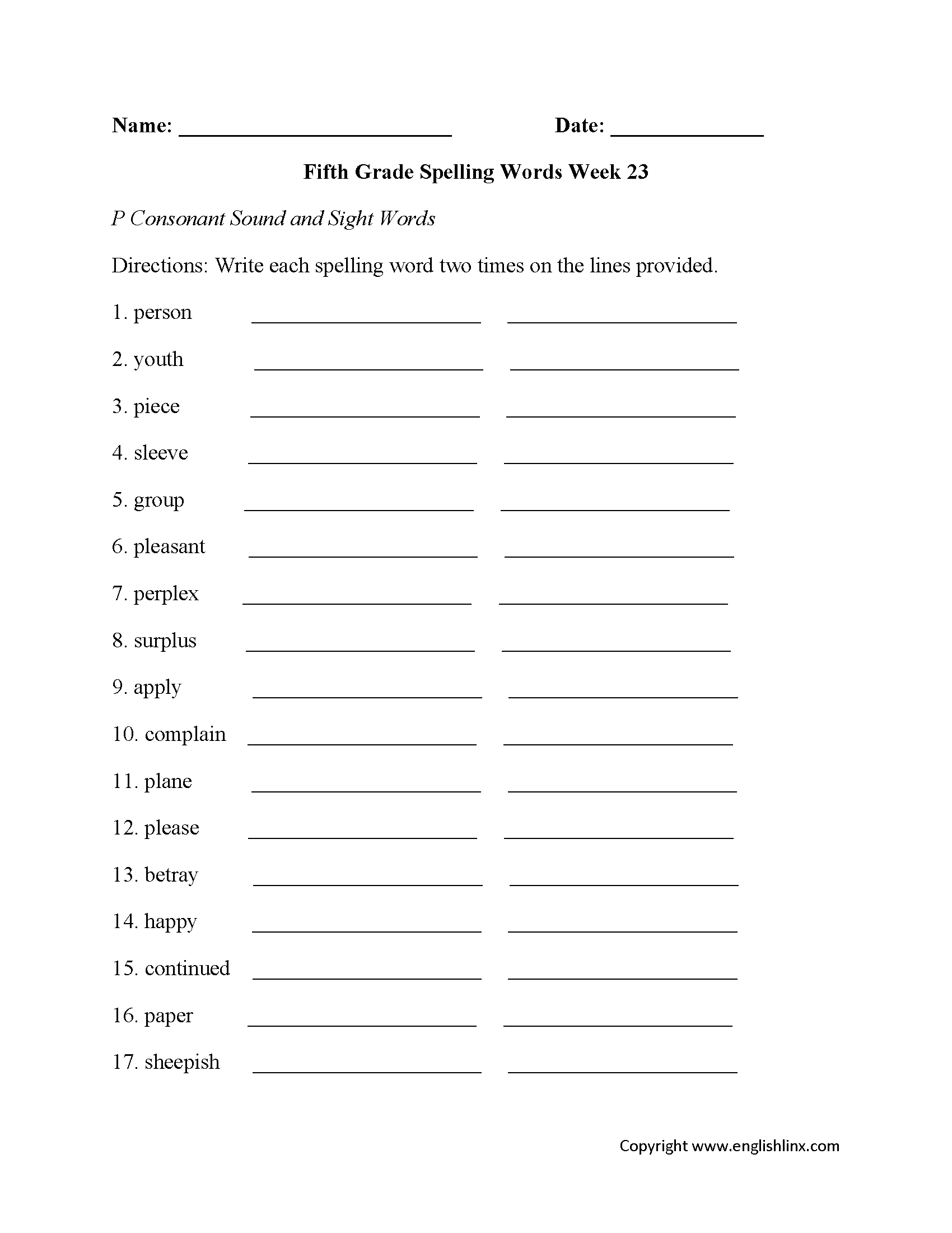 Week 23 P Consonant Fifth Grade Spelling Worksheets