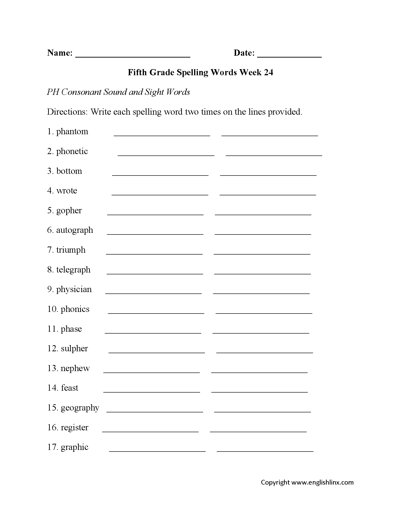 Week 24 PH Consonant Fifth Grade Spelling Worksheets