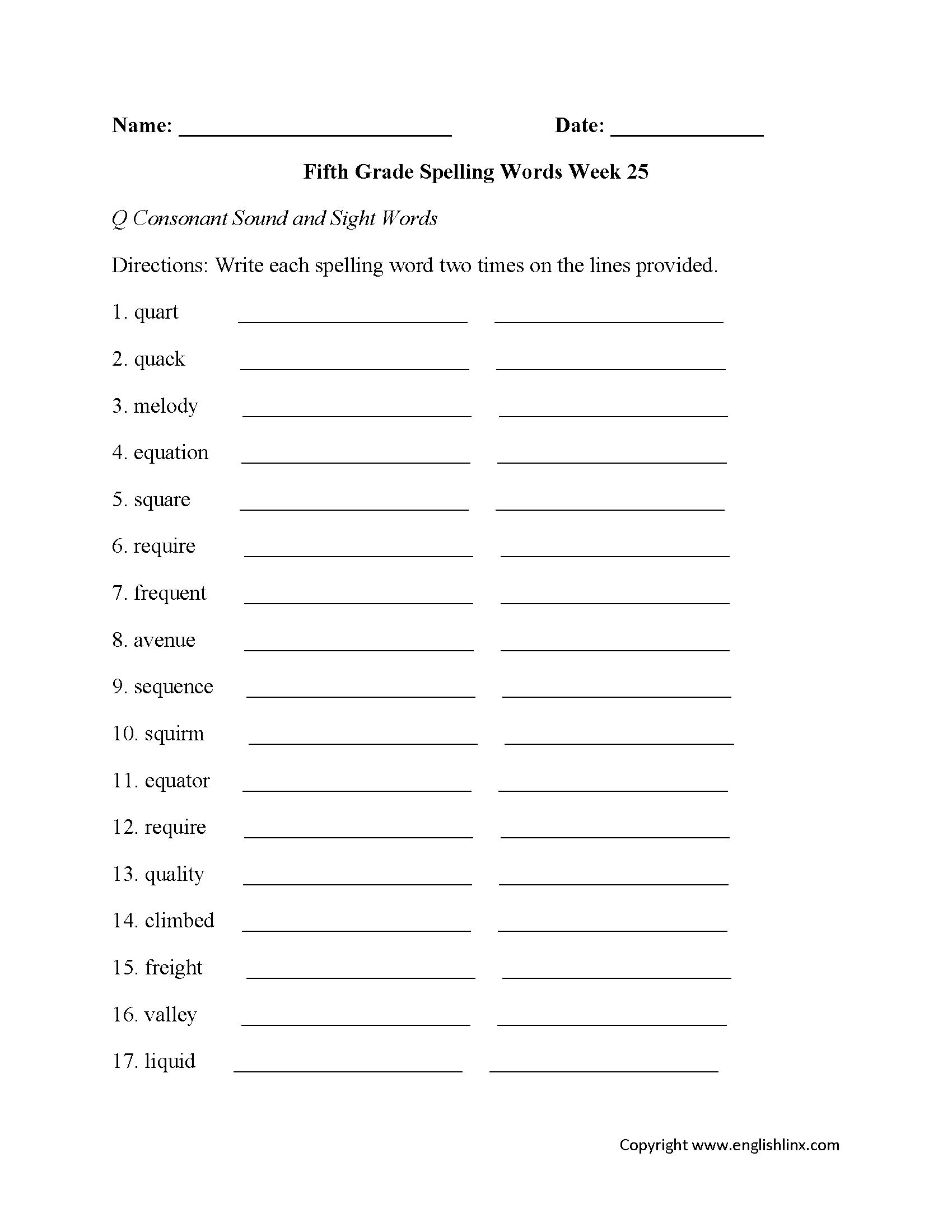 Week 25 Q Consonant Fifth Grade Spelling Worksheets
