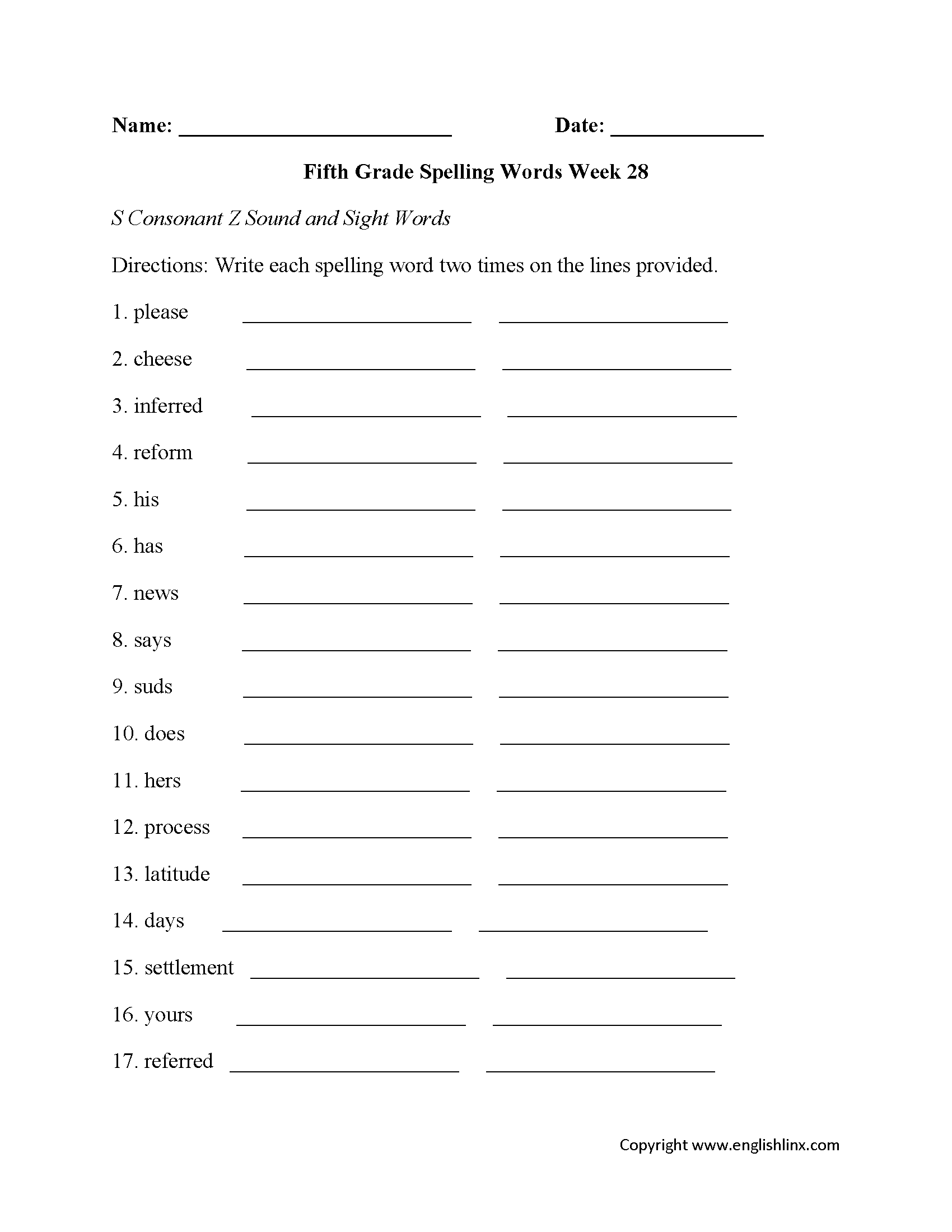 Week 28 Q Consonant Fifth Grade Spelling Worksheets