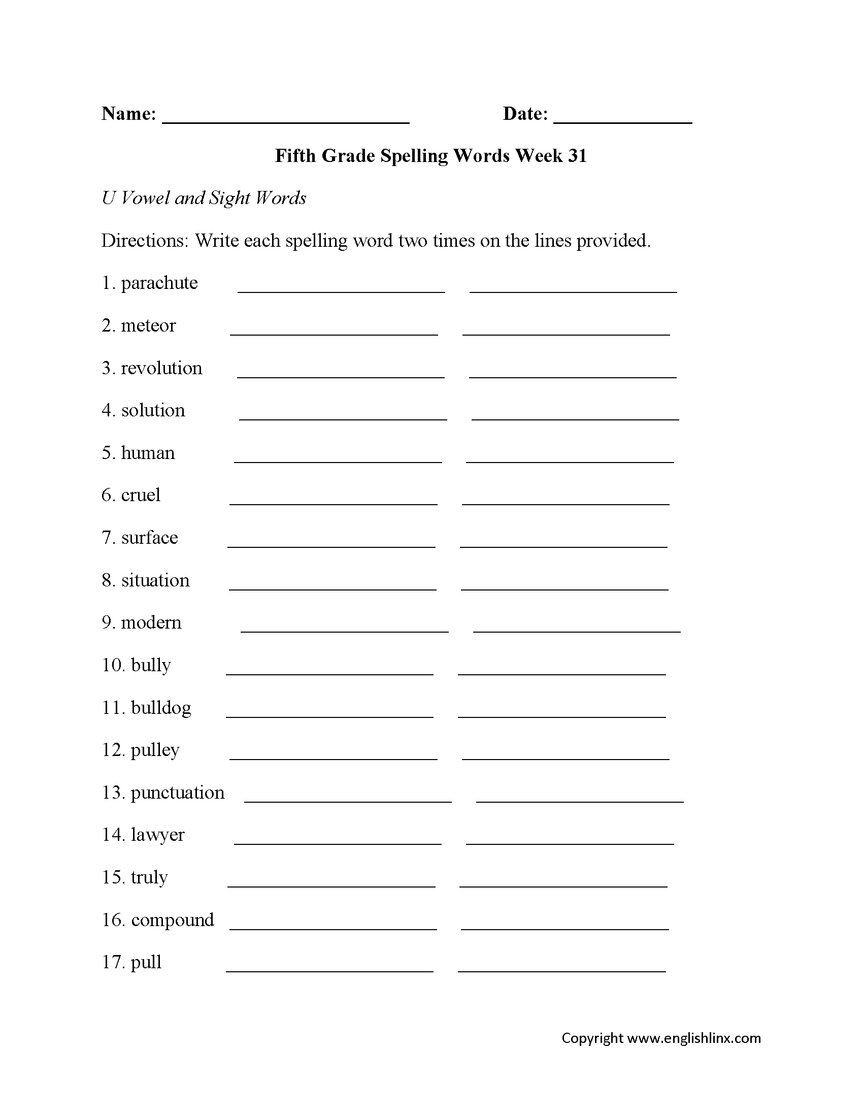 Week 31 U Vowel Fifth Grade Spelling Worksheets