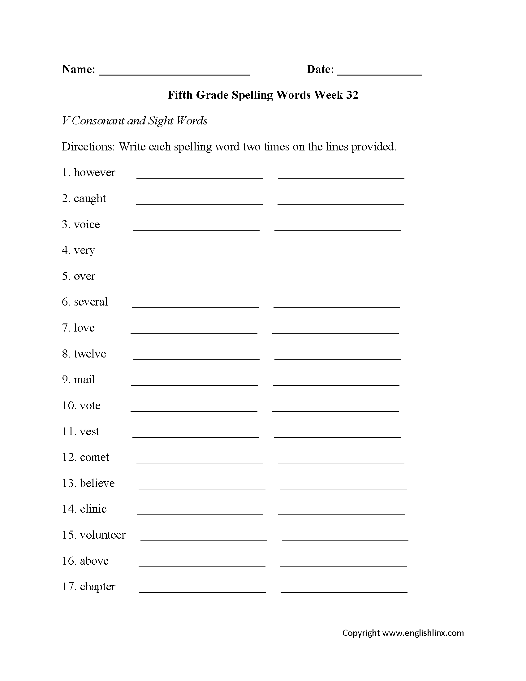 Week 32 V Consonant Fifth Grade Spelling Worksheets