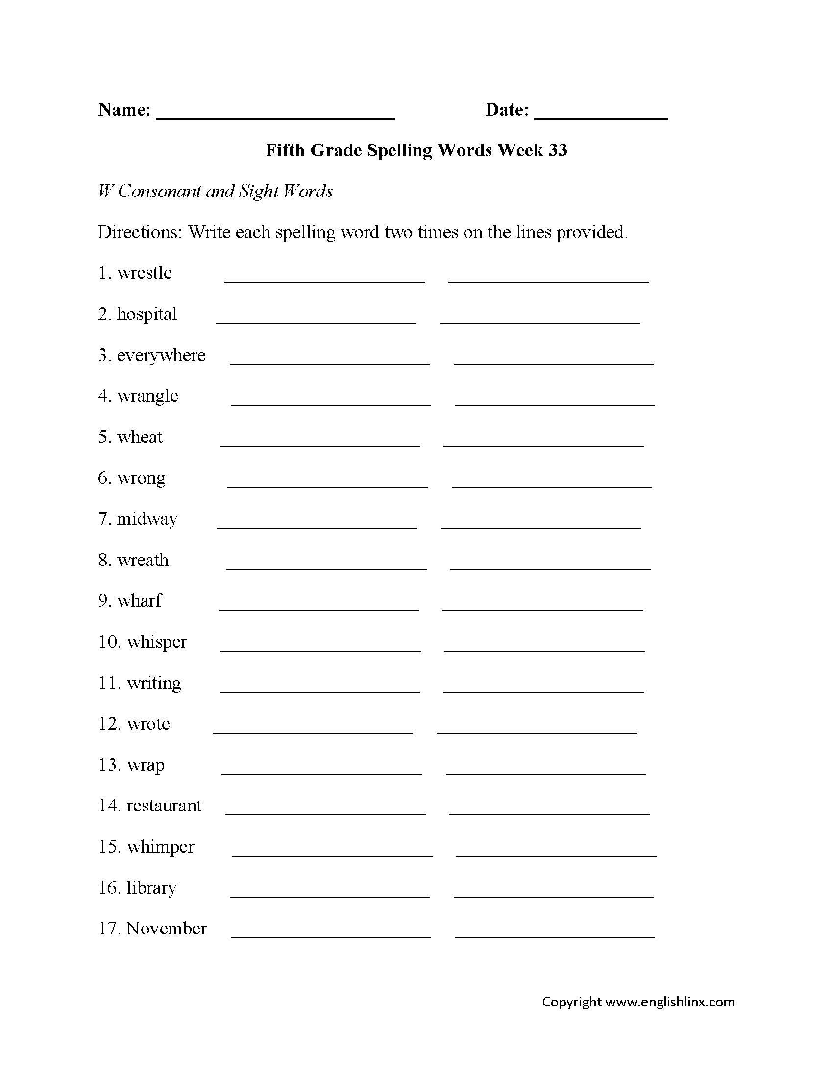 Week 33 W Consonant Fifth Grade Spelling Worksheets
