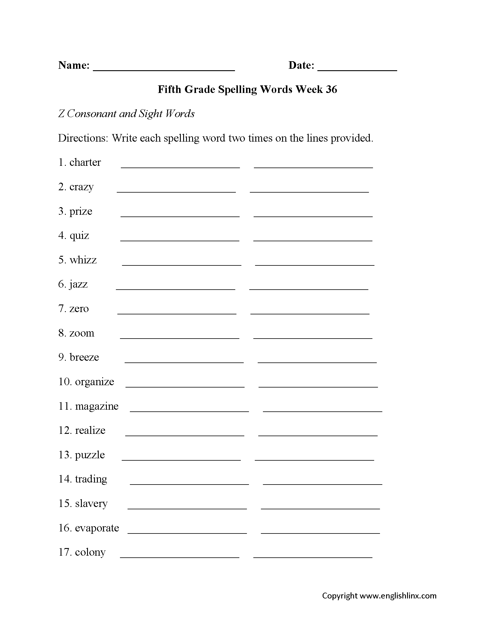 Week 36 Z Consonant Fifth Grade Spelling Worksheets