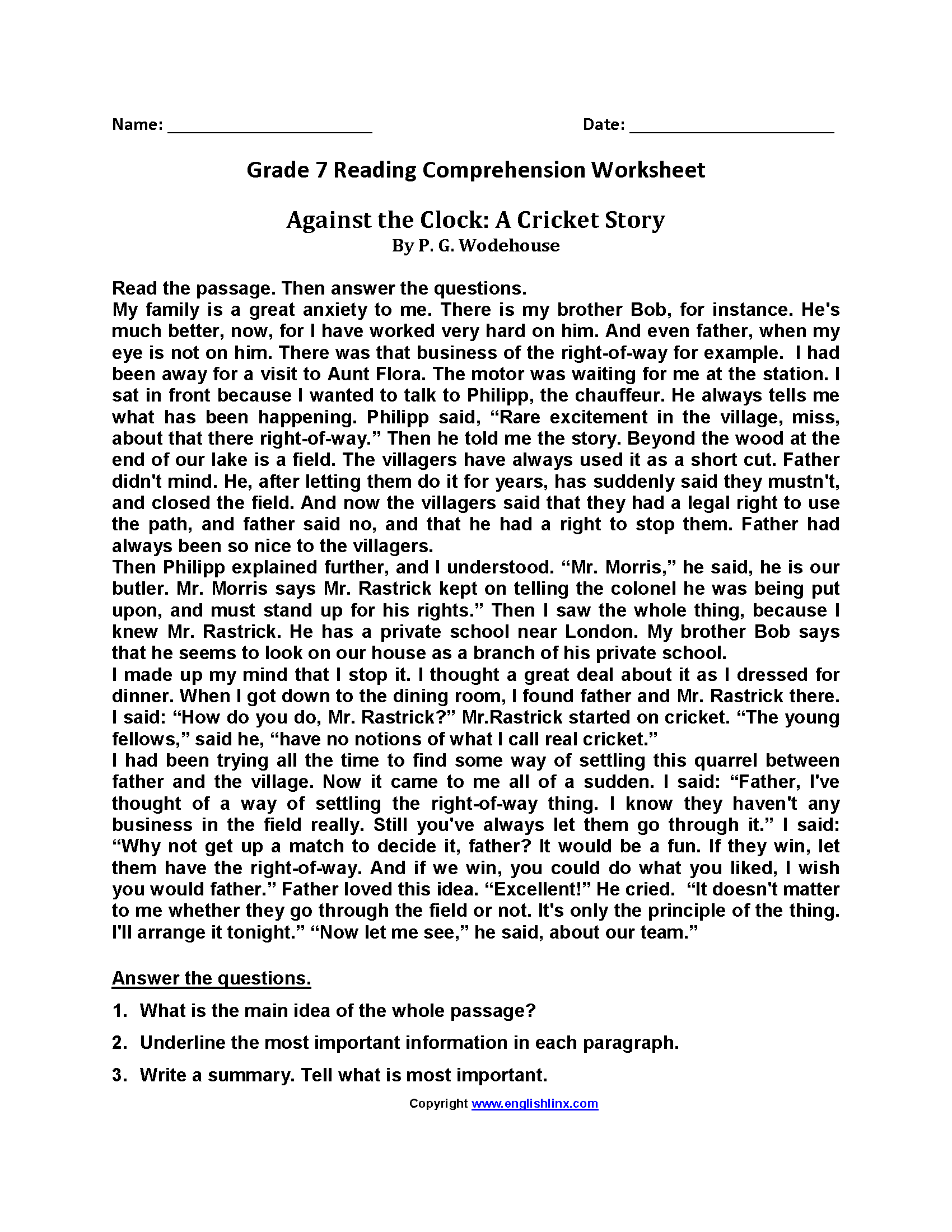 Class 7 Comprehension Practice 7th Grade Reading Comprehension Worksheets Read The Passages And Answer The Questions That Follow Property Kuasa