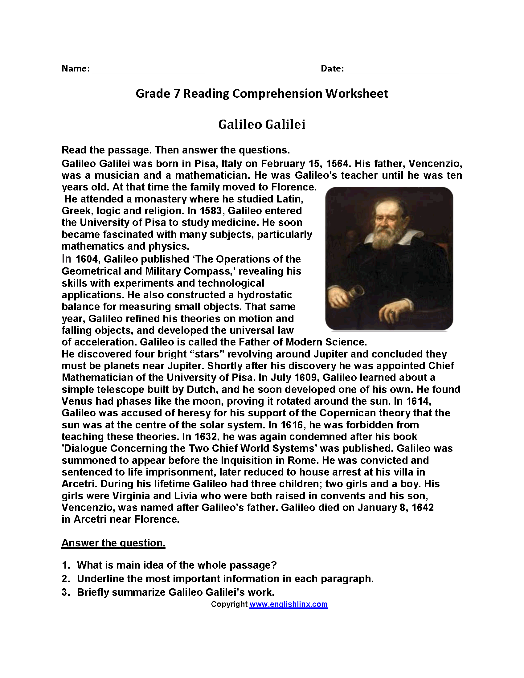 Galileo Galili Seventh Grade Reading Worksheets