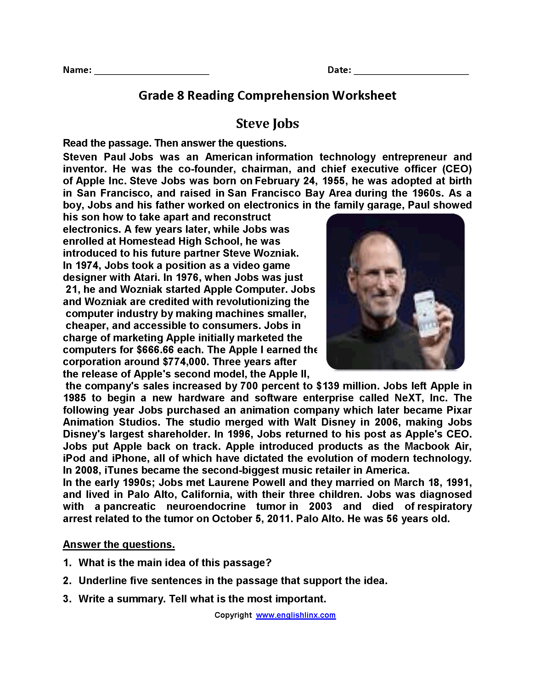Steve Jobs Eighth Grade Reading Worksheets